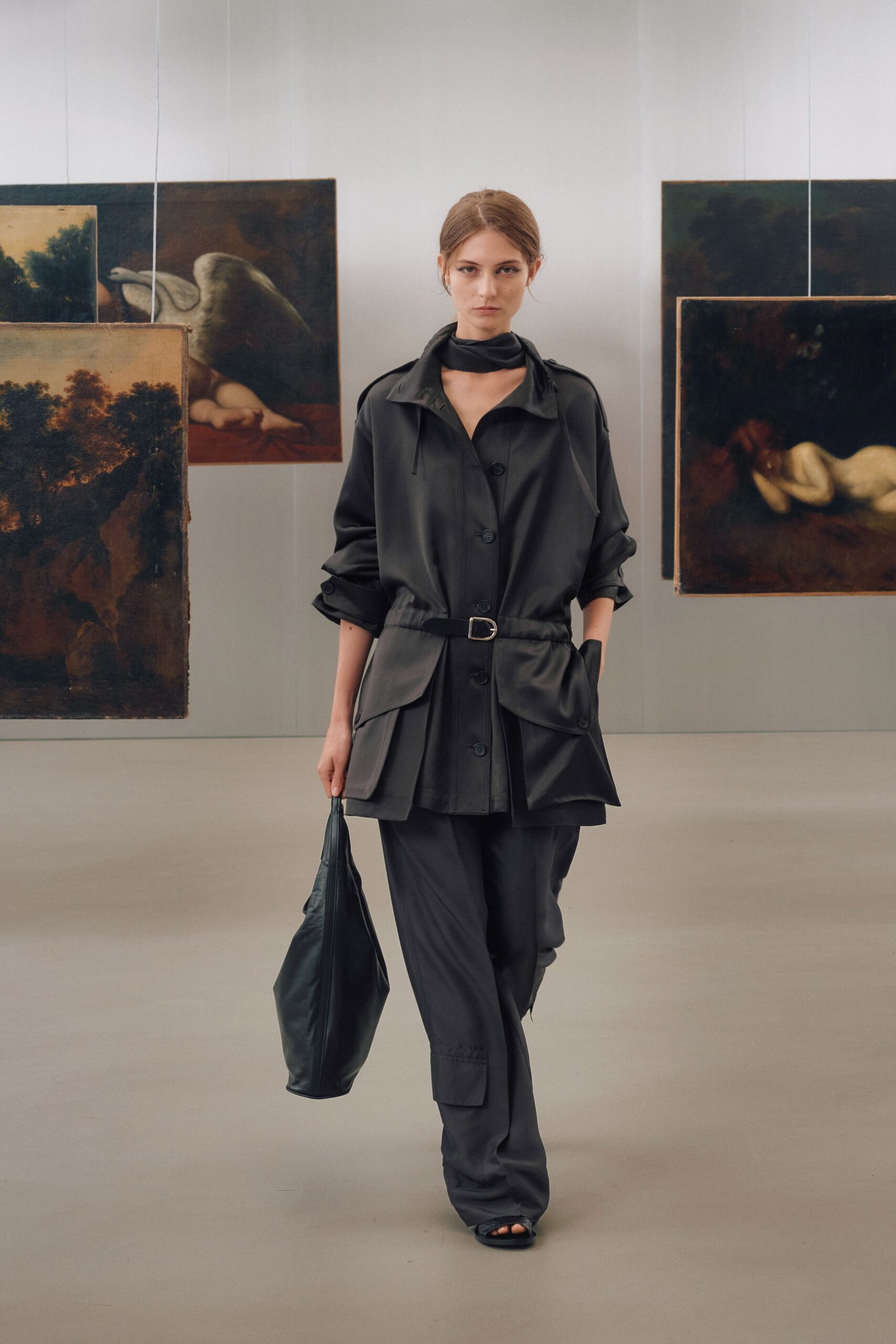 black cotton long-sleeve collared relaxed belted jacket