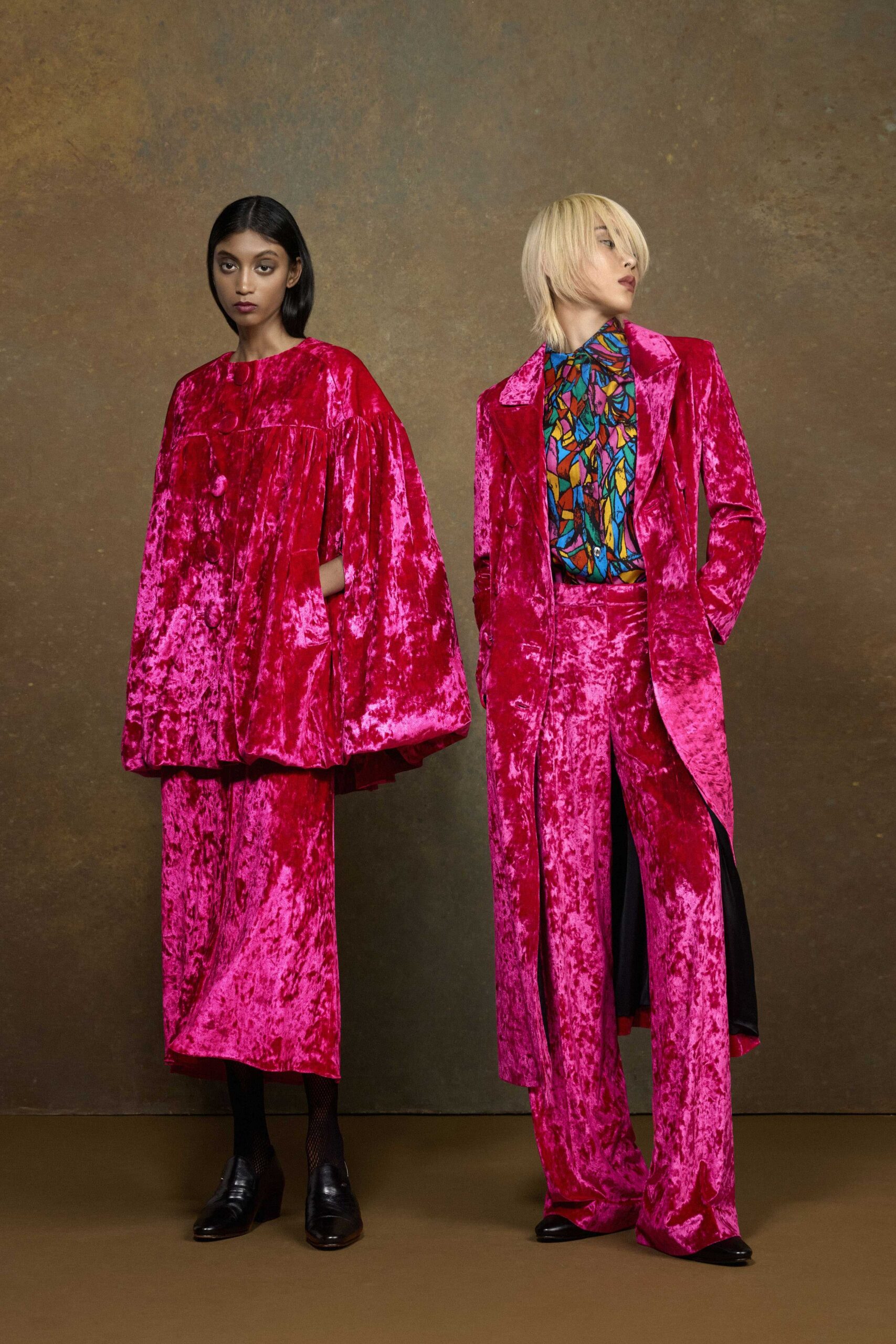 pink velvet long-sleeve tailored buttoned coat