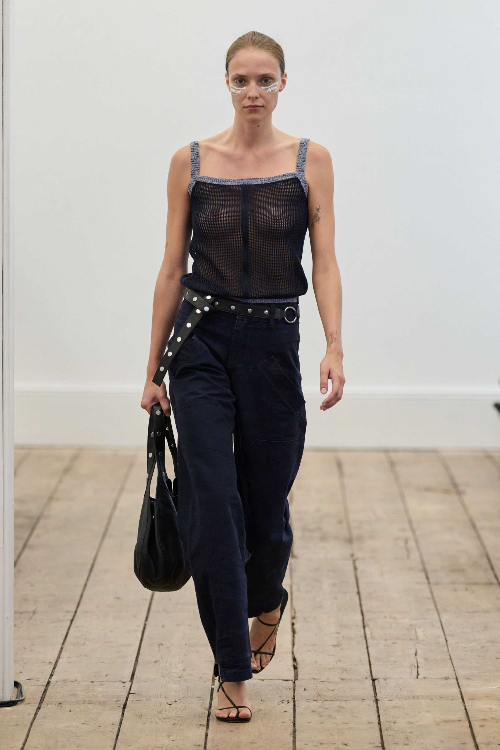 blue mesh sleeveless v-neck fitted pleated sheer top