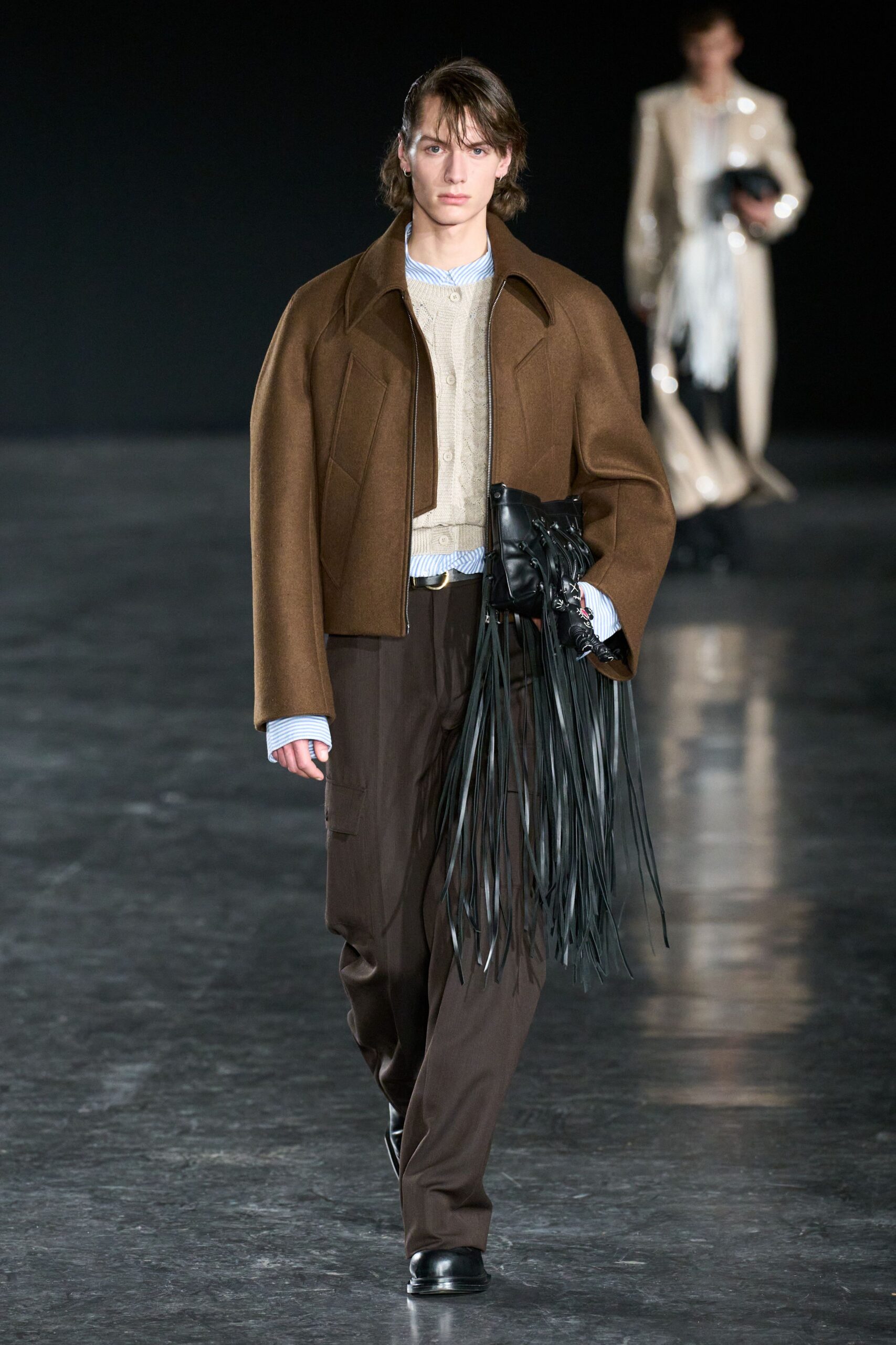 brown oversized jacket beige sweater