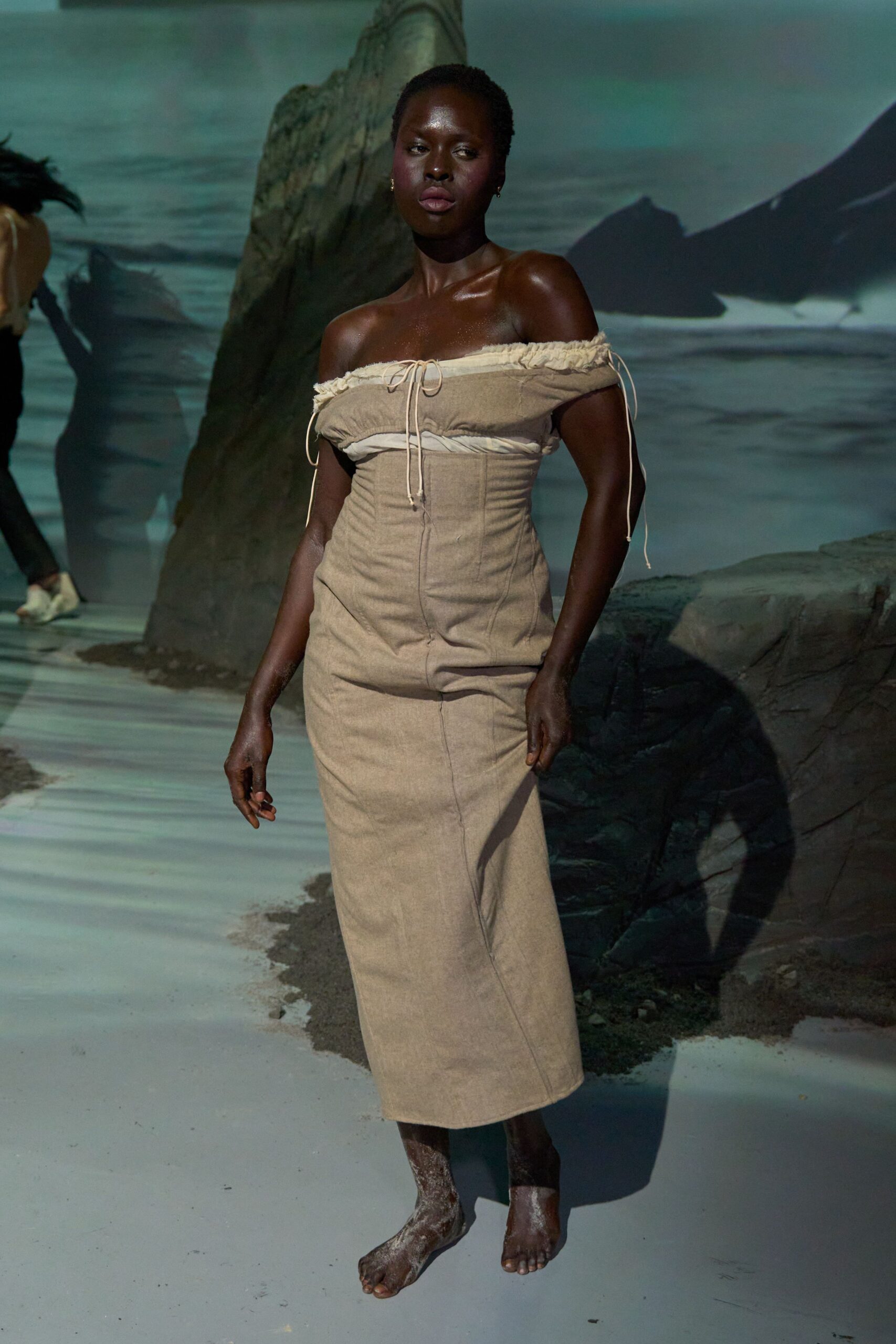 beige off-shoulder fitted dress