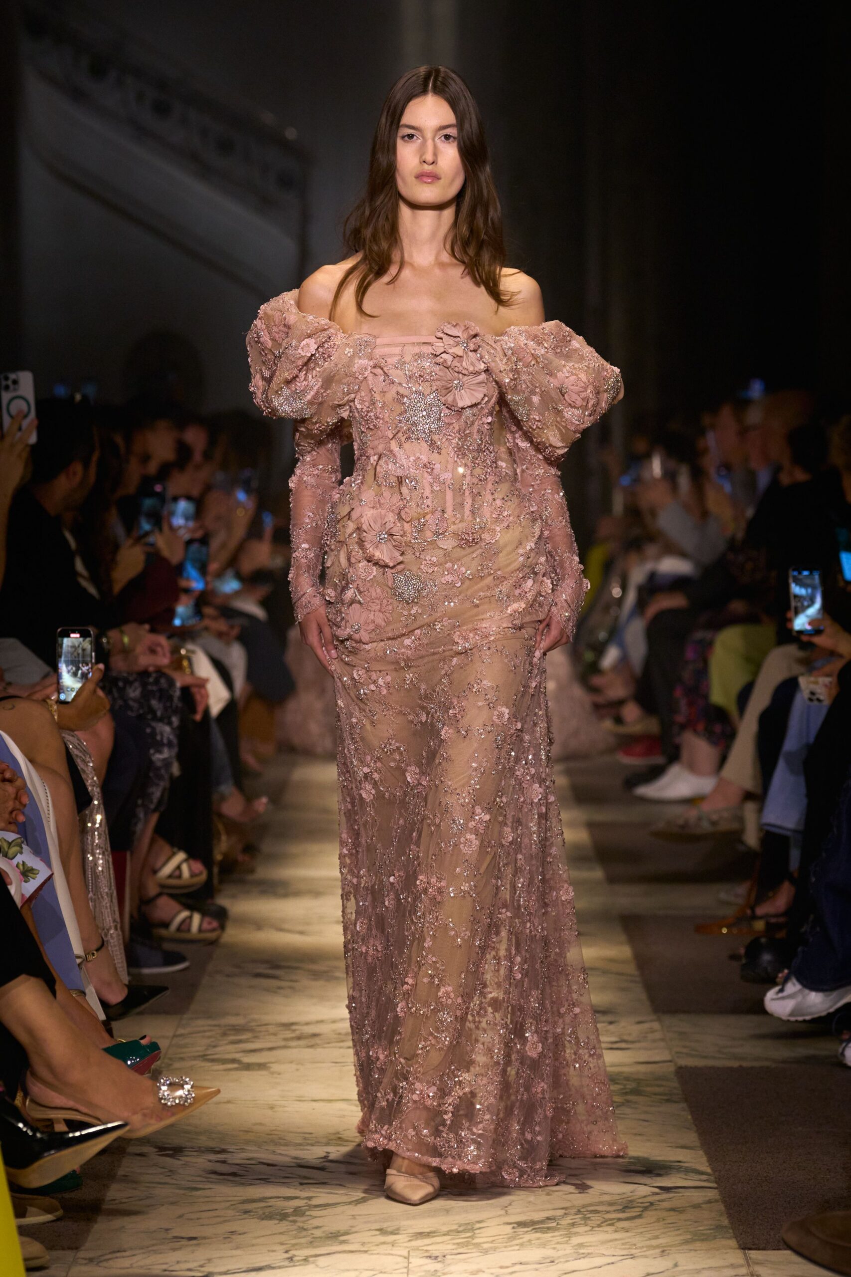 pink lace off-shoulder long-sleeve fitted embroidered tiered gown