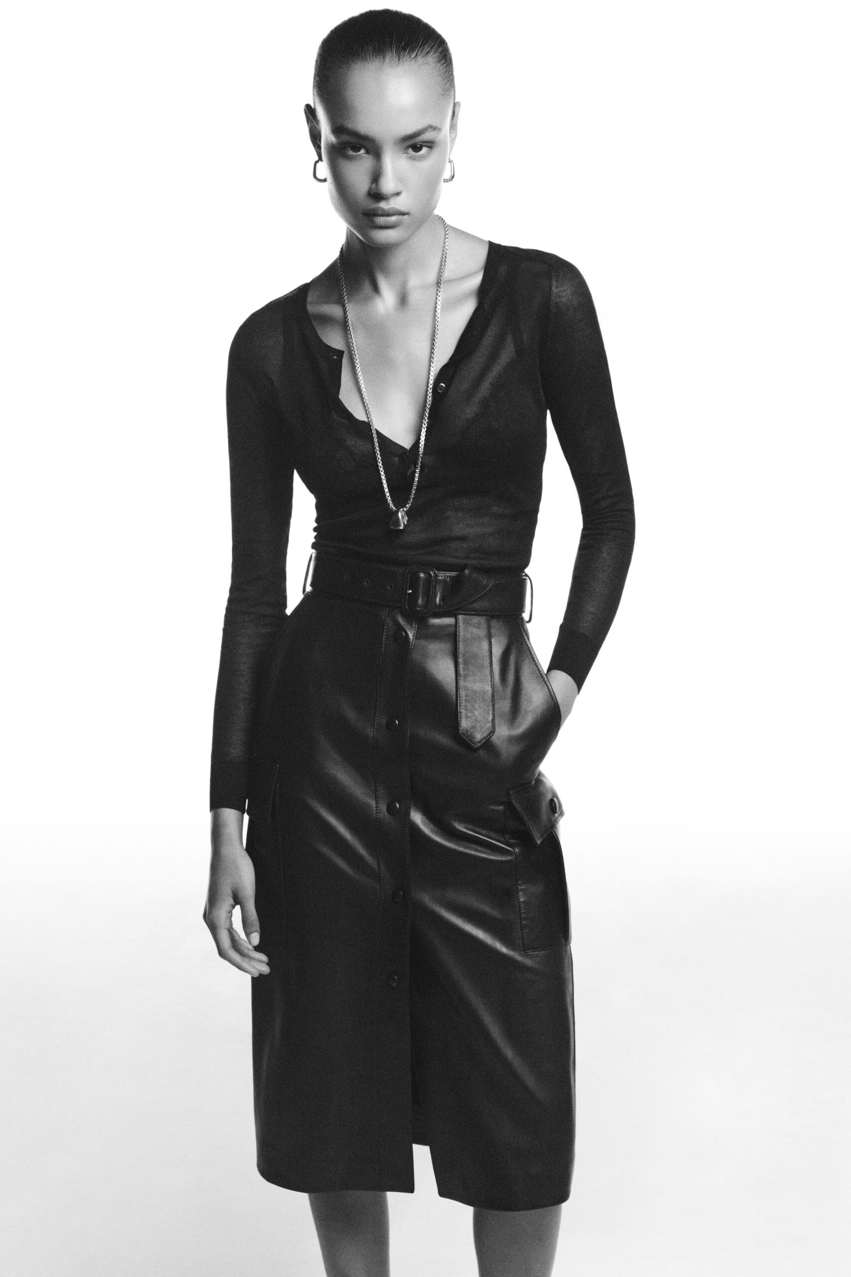 black leather fitted high-waisted buttoned pencil midi skirt