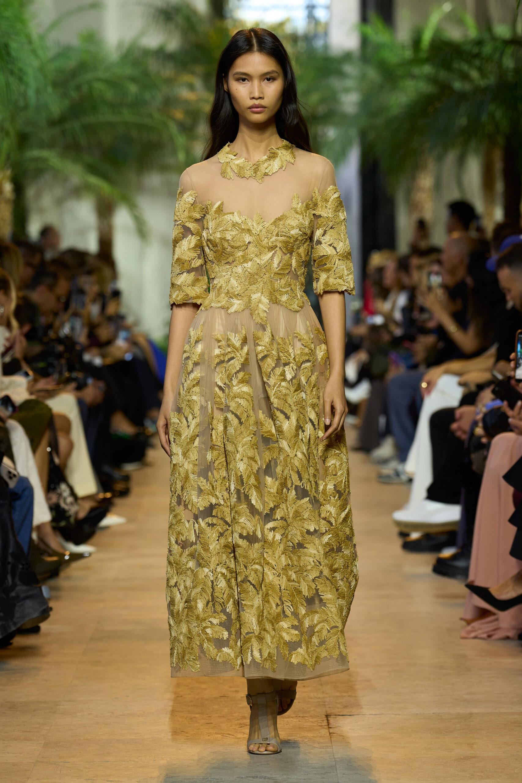 yellow lace short-sleeve off-shoulder fitted embroidered tiered dress