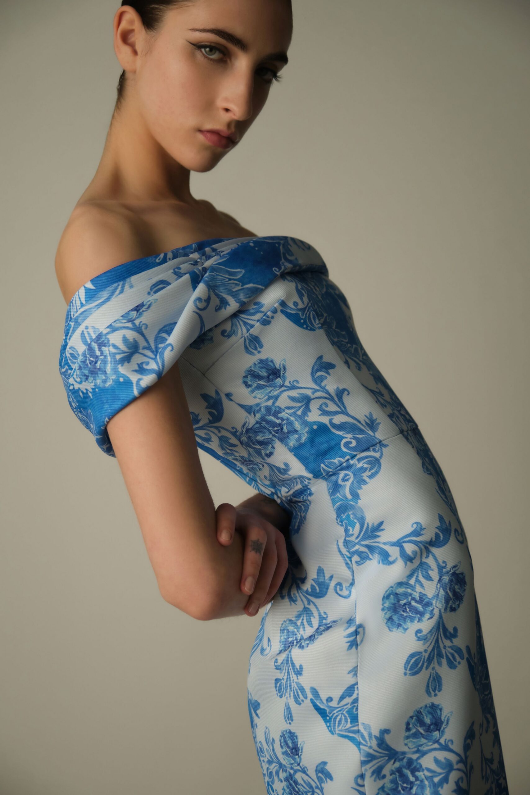 blue floral off-shoulder dress