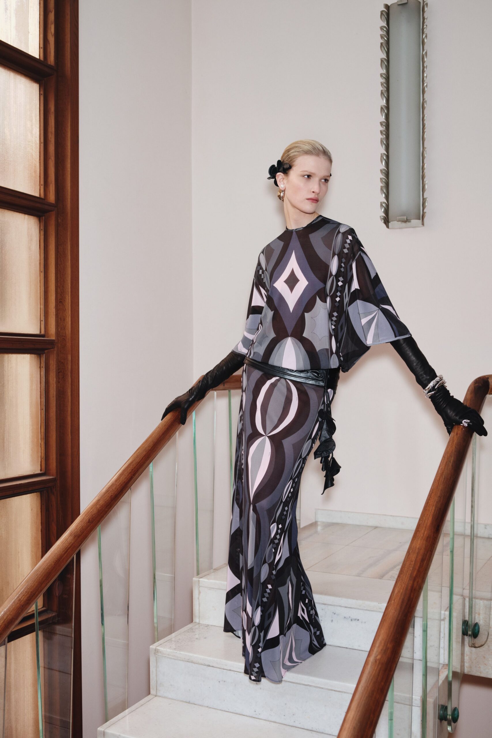 black silk long-sleeve high-neck fitted printed draped gown