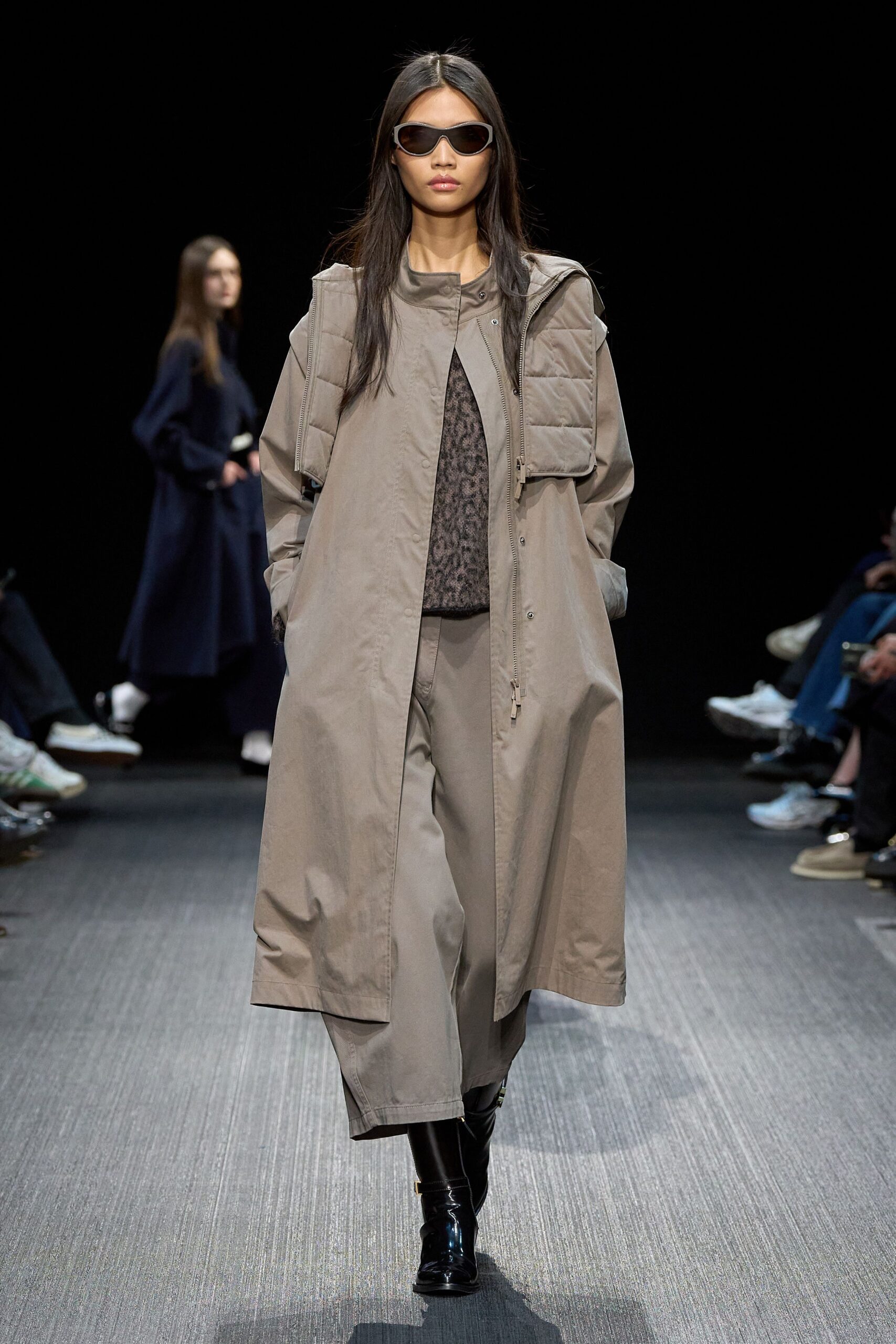 beige coat with printed top