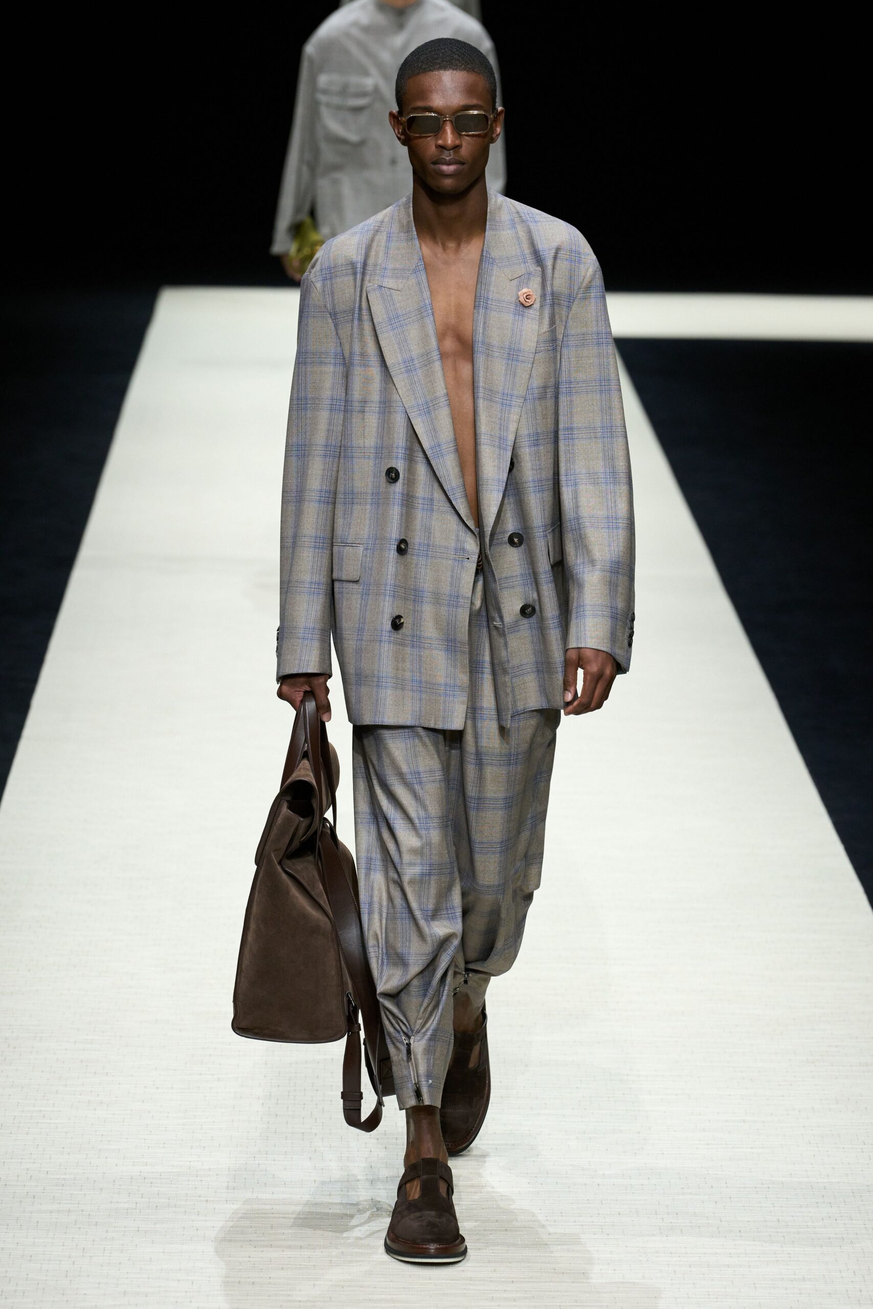 gray checked blazer with relaxed pants