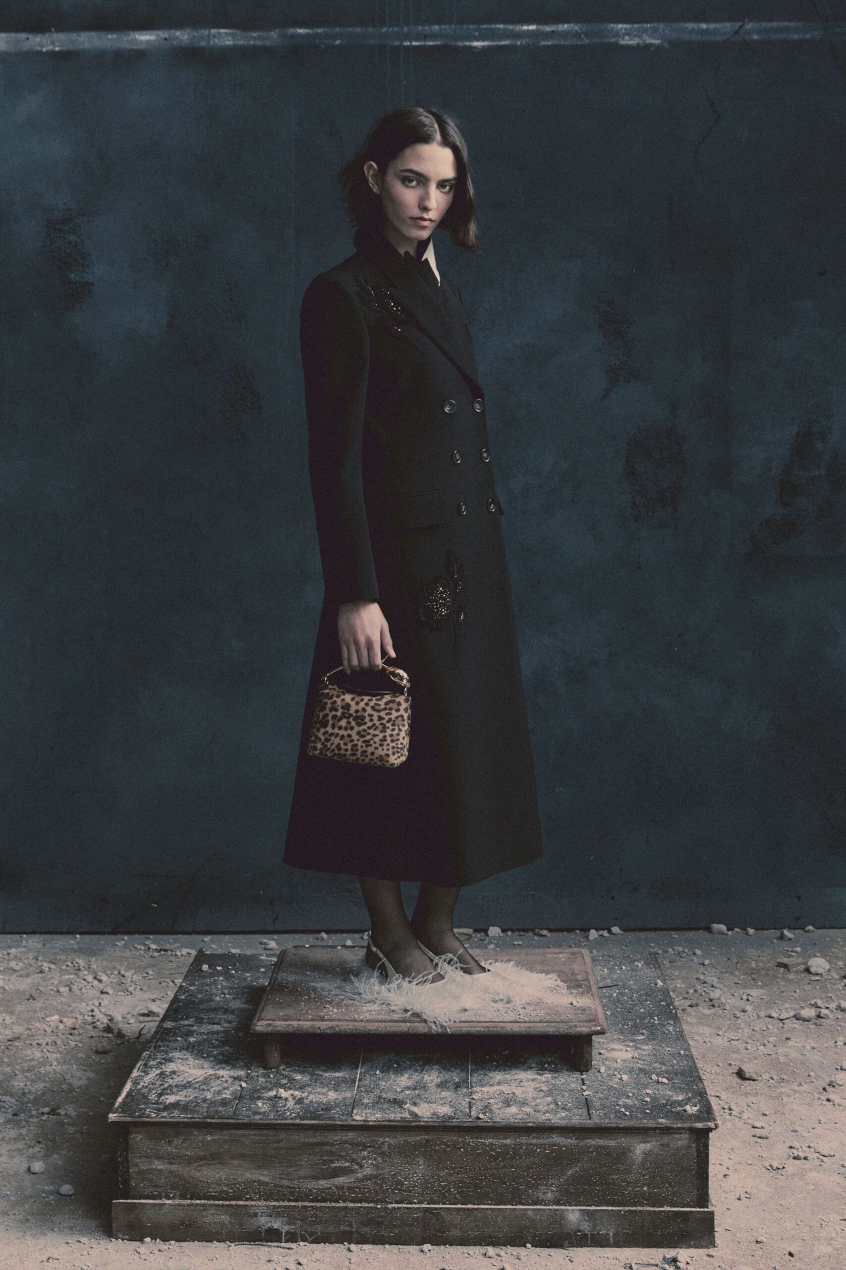 black wool long-sleeve double-breasted structured embroidered midi coat