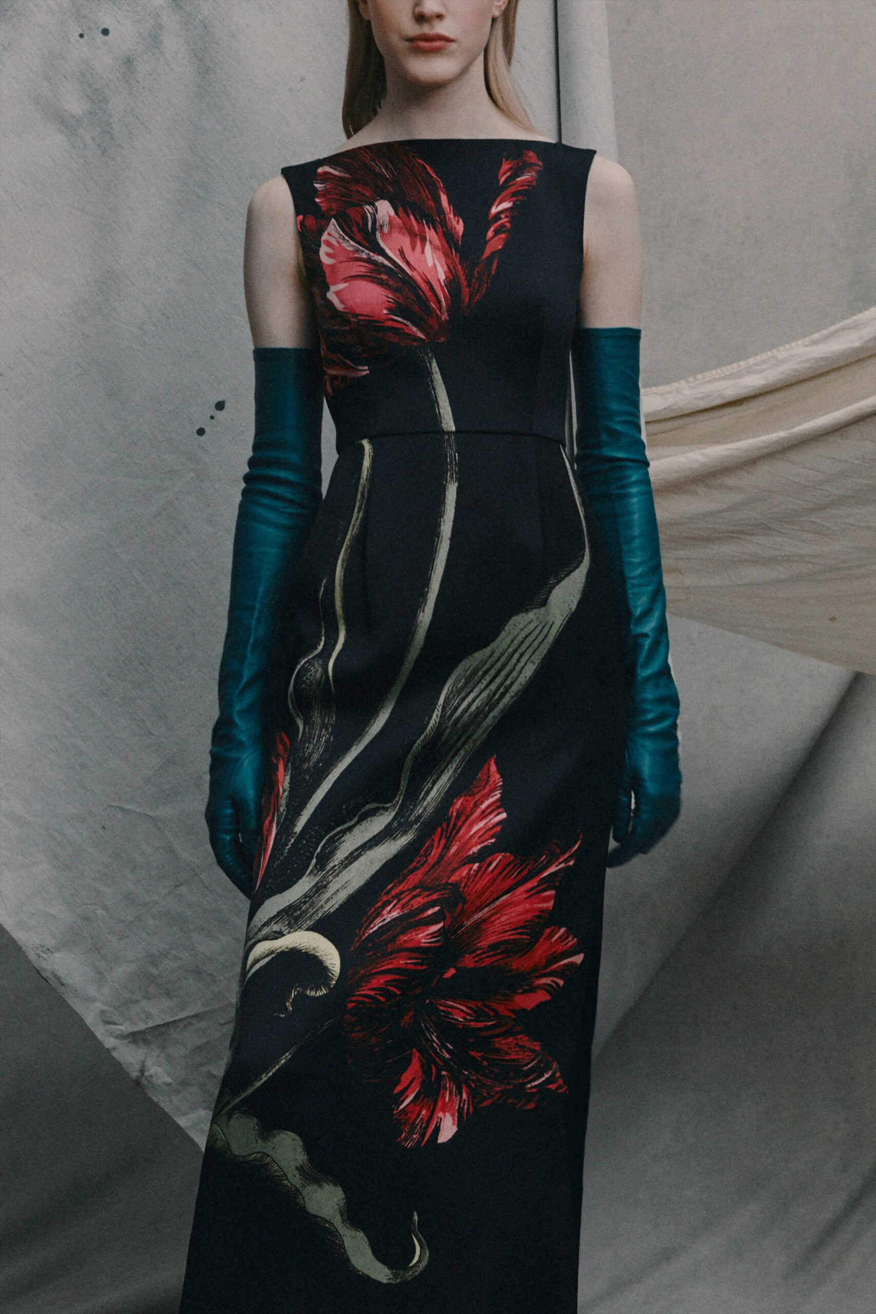 black silk sleeveless high-neck fitted floral embroidered gown