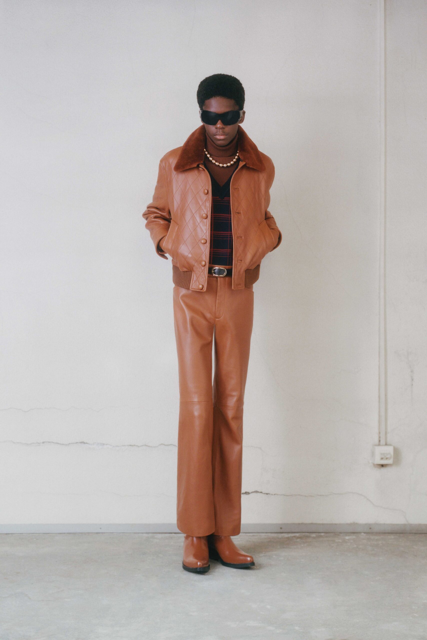 brown leather long-sleeve collared fitted buttoned jacket
