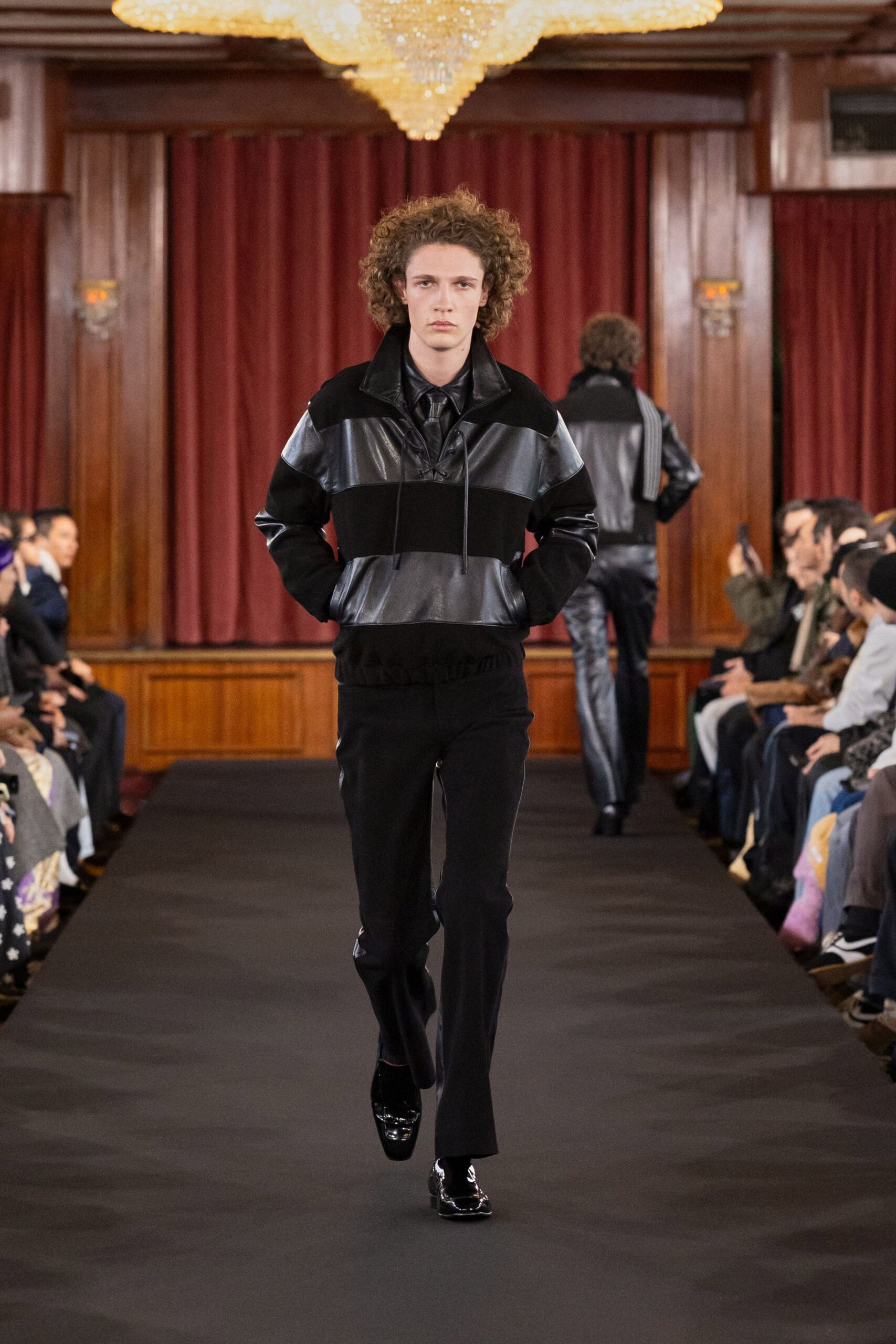 black leather fitted jacket and pants
