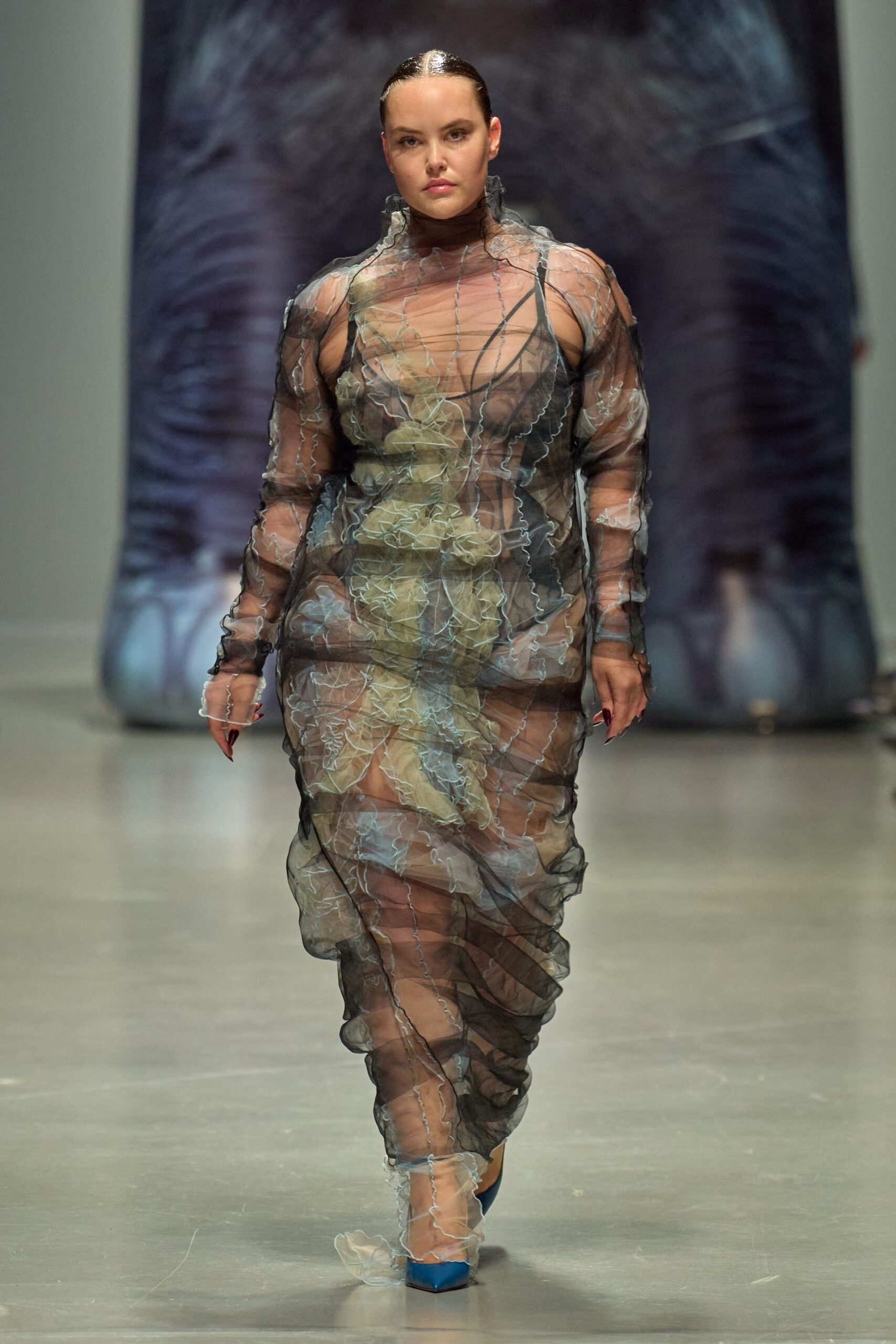 multi mesh long-sleeve high-neck fitted layered dress