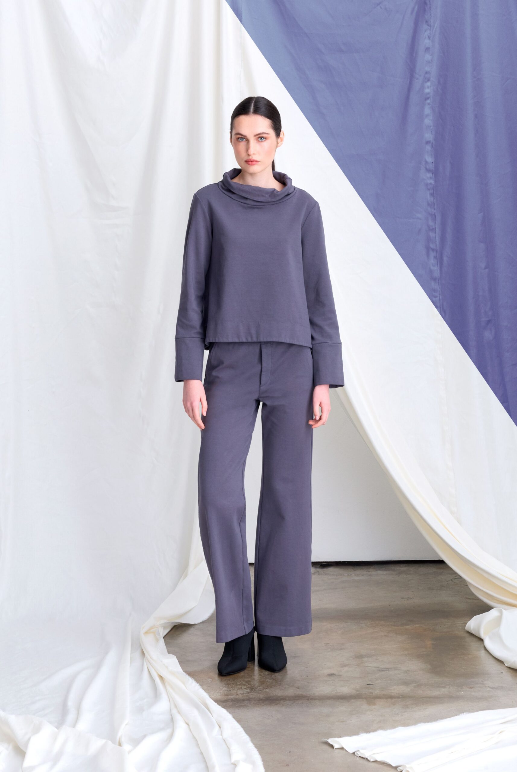 gray cotton long-sleeve high-neck relaxed top