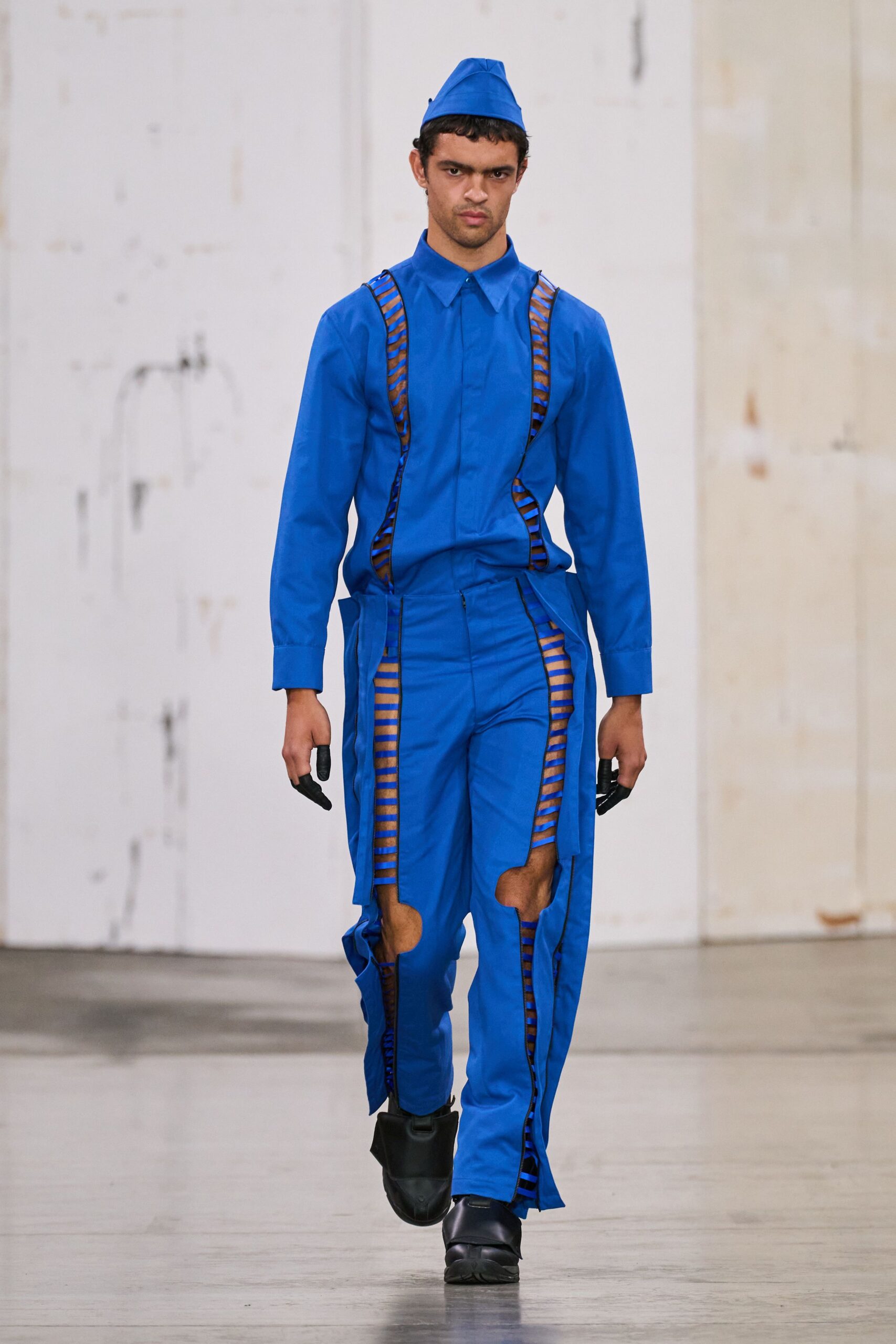 blue cotton long-sleeve collared fitted zippered jumpsuit