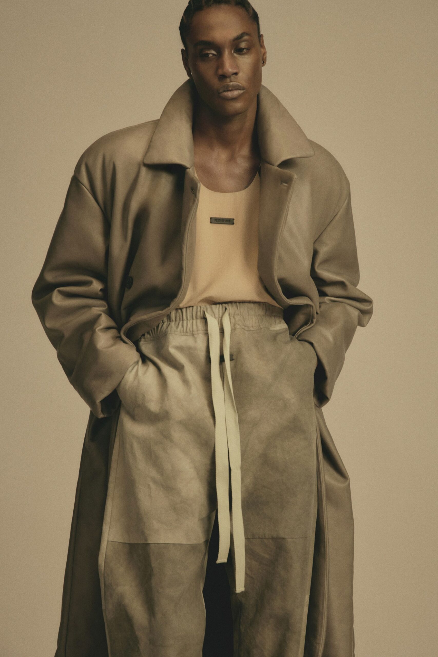 beige leather coat and pants