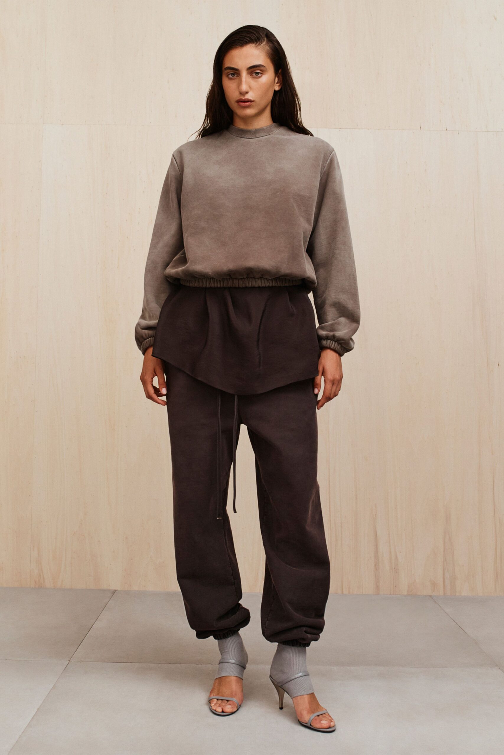 gray cotton long-sleeve collared relaxed layered sweater