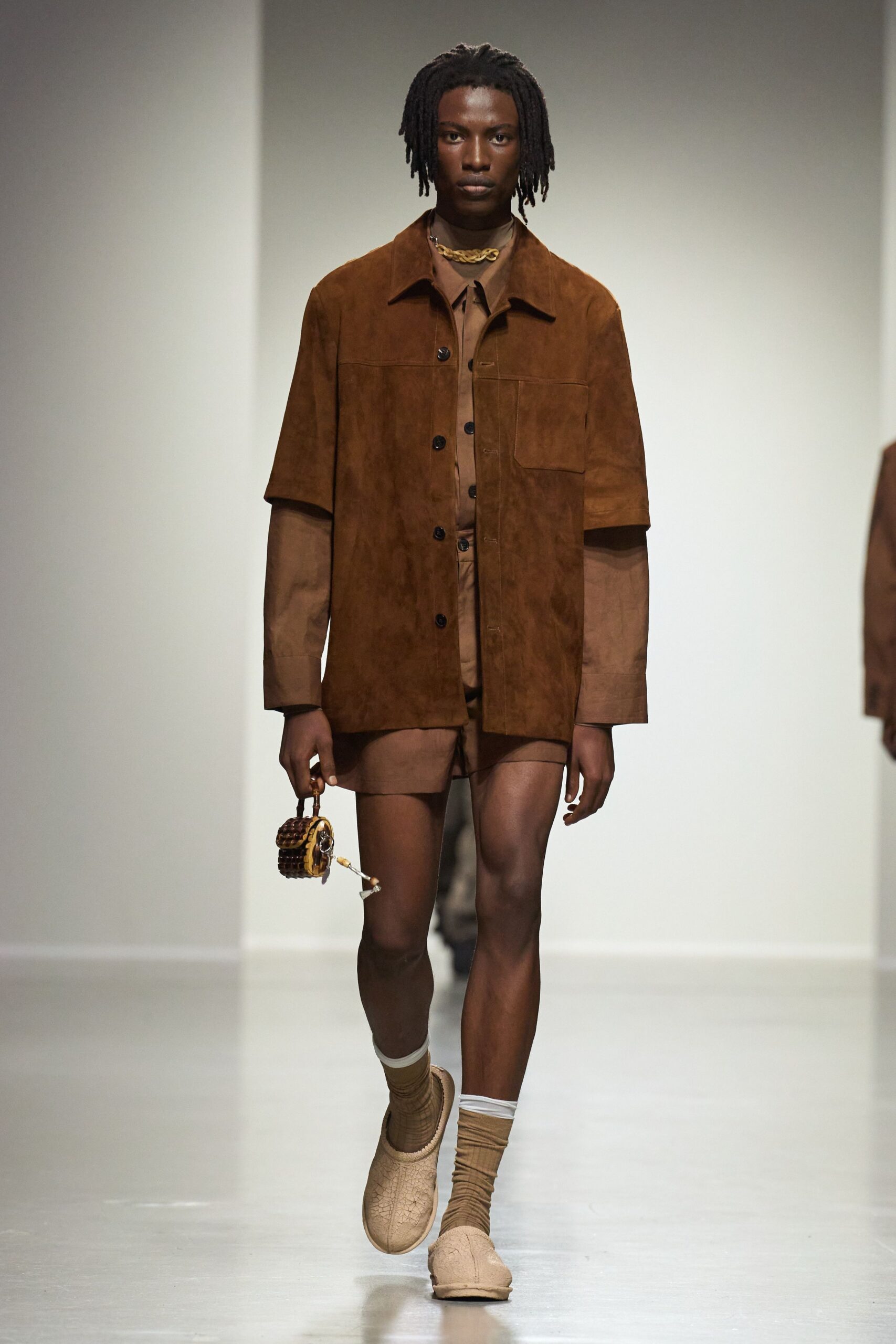 brown suede short-sleeve collared relaxed shirt