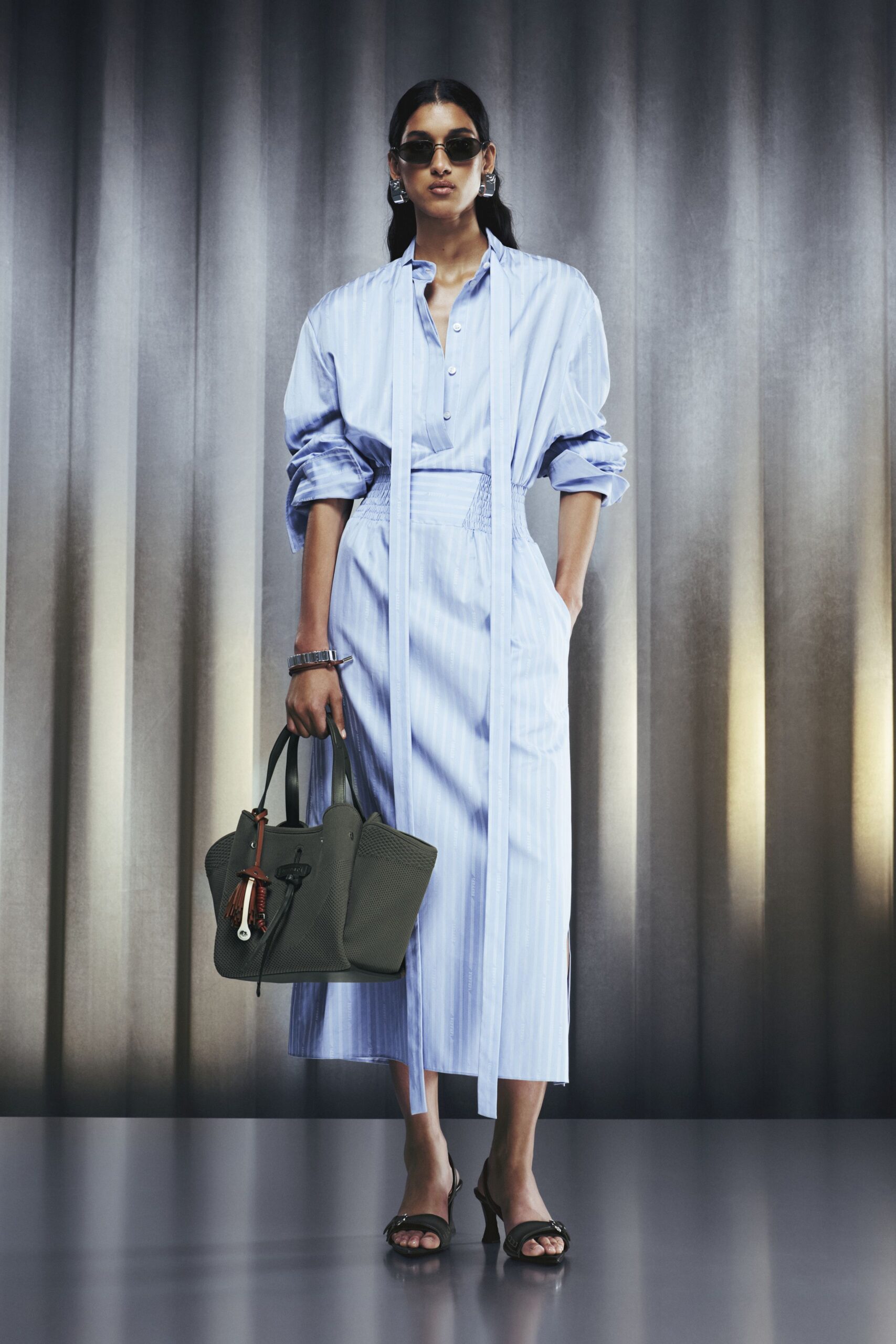 blue cotton long-sleeve collared fitted striped belted shirt-dress