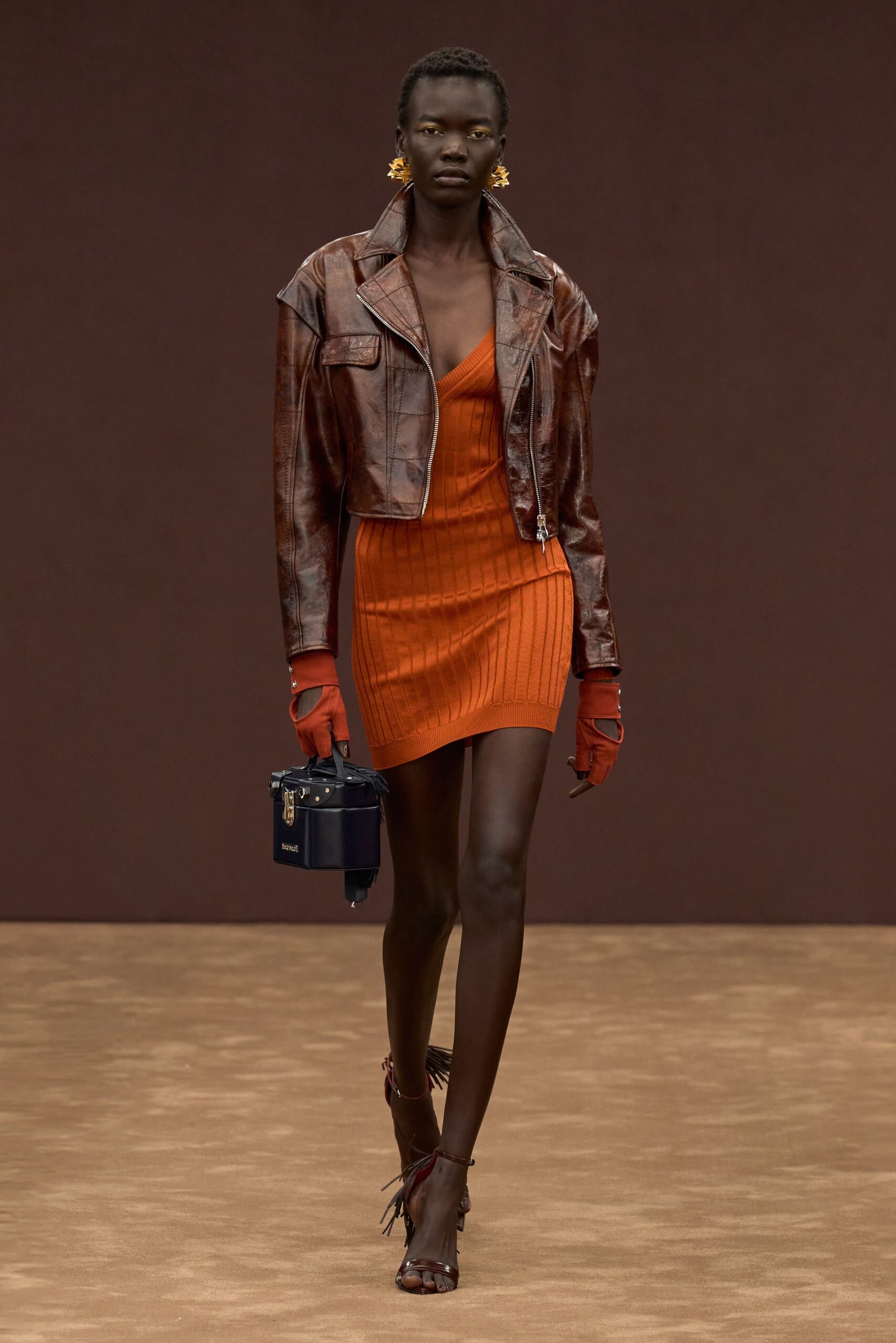 orange cotton sleeveless v-neck fitted ribbed mini dress