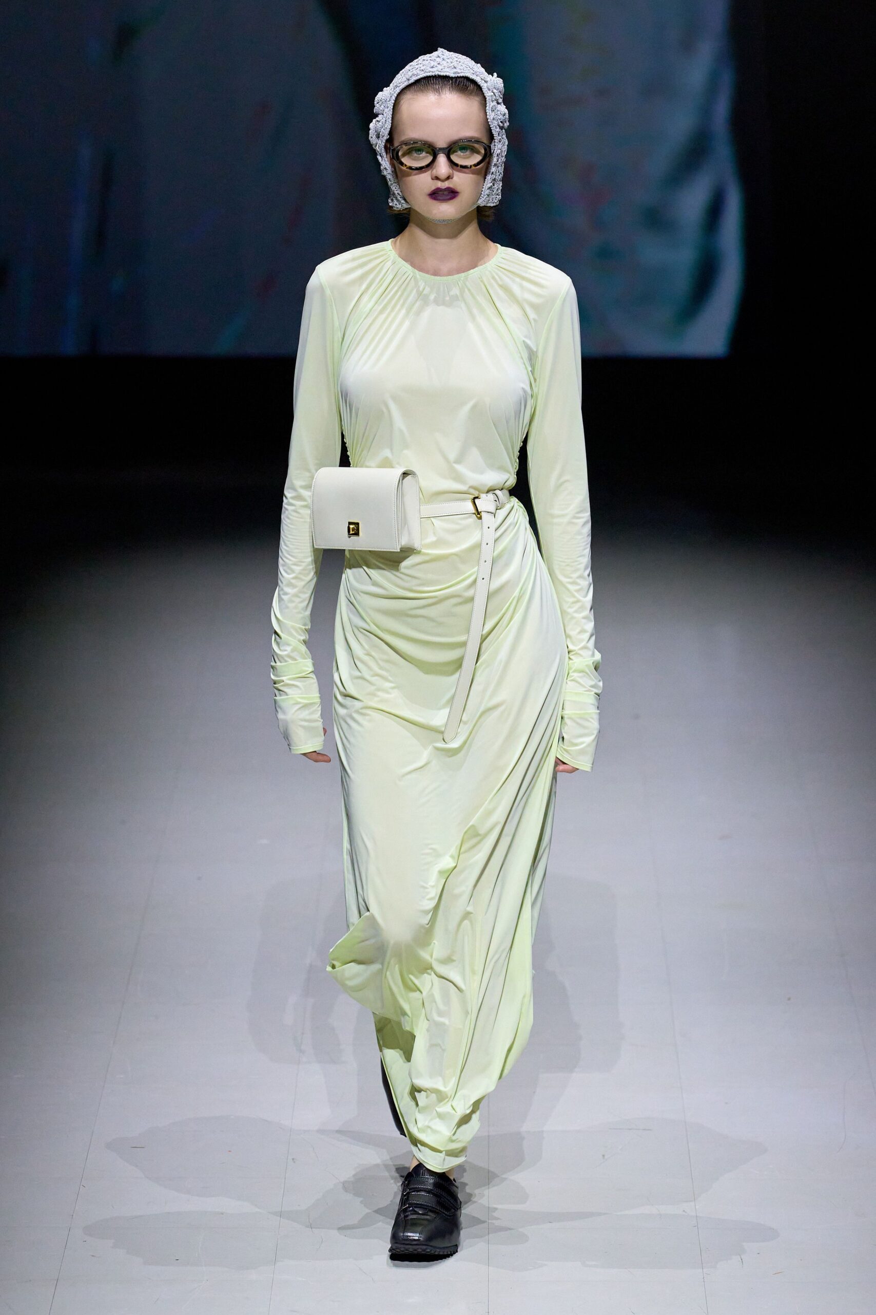 green silk long-sleeve high-neck fitted draped belted dress
