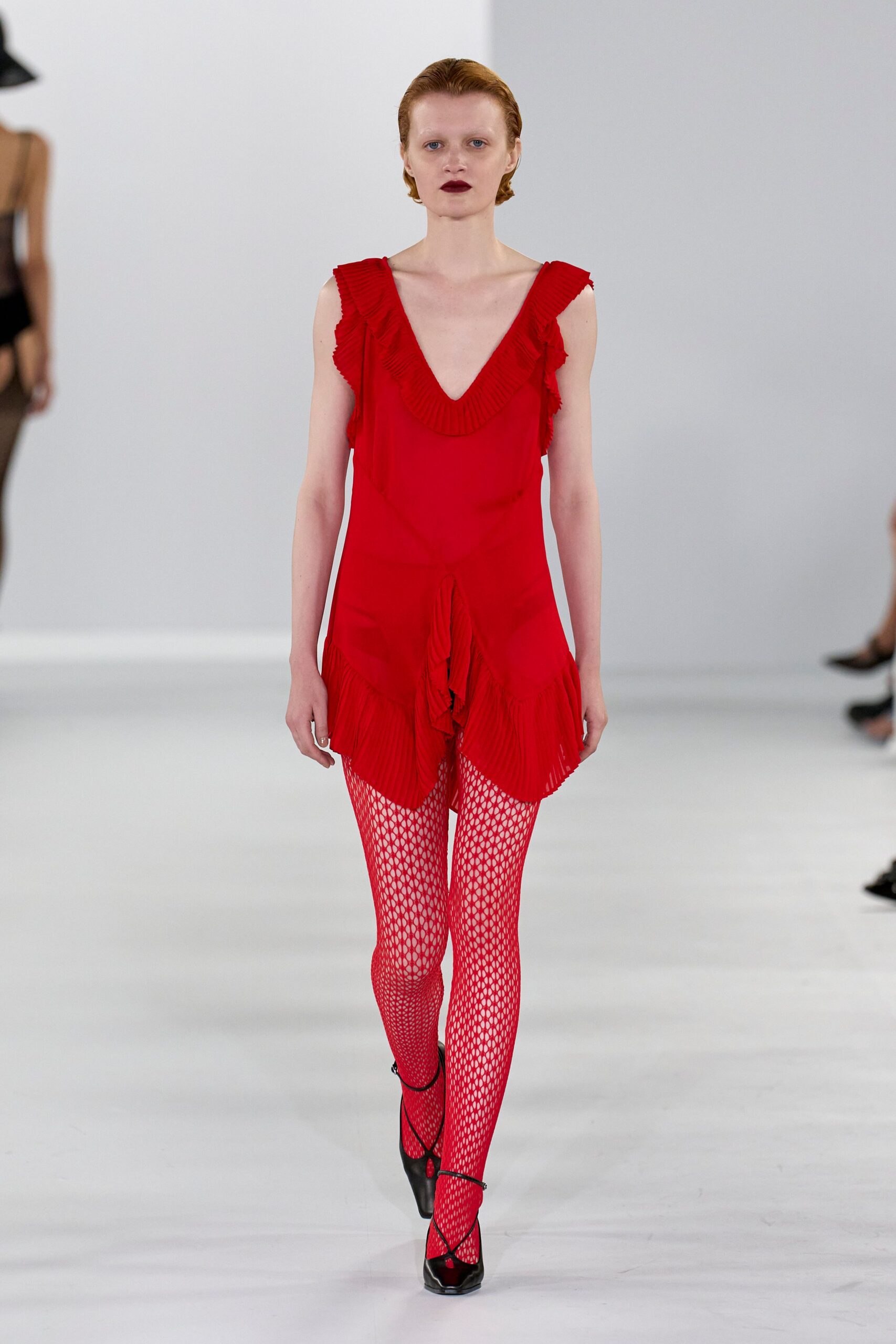 red silk sleeveless v-neck fitted ruffled pleated dress