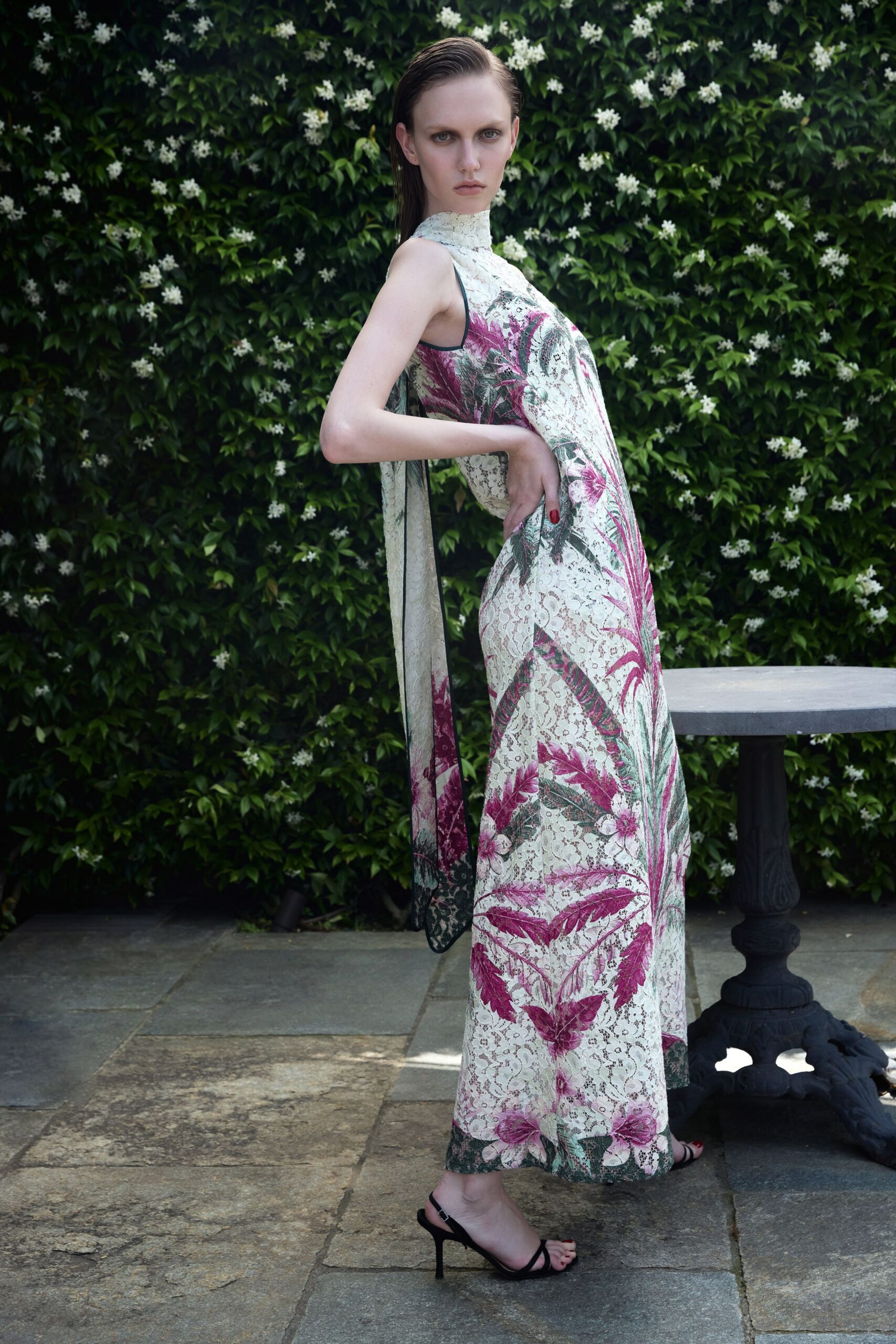 floral maxi gown with strappy heels