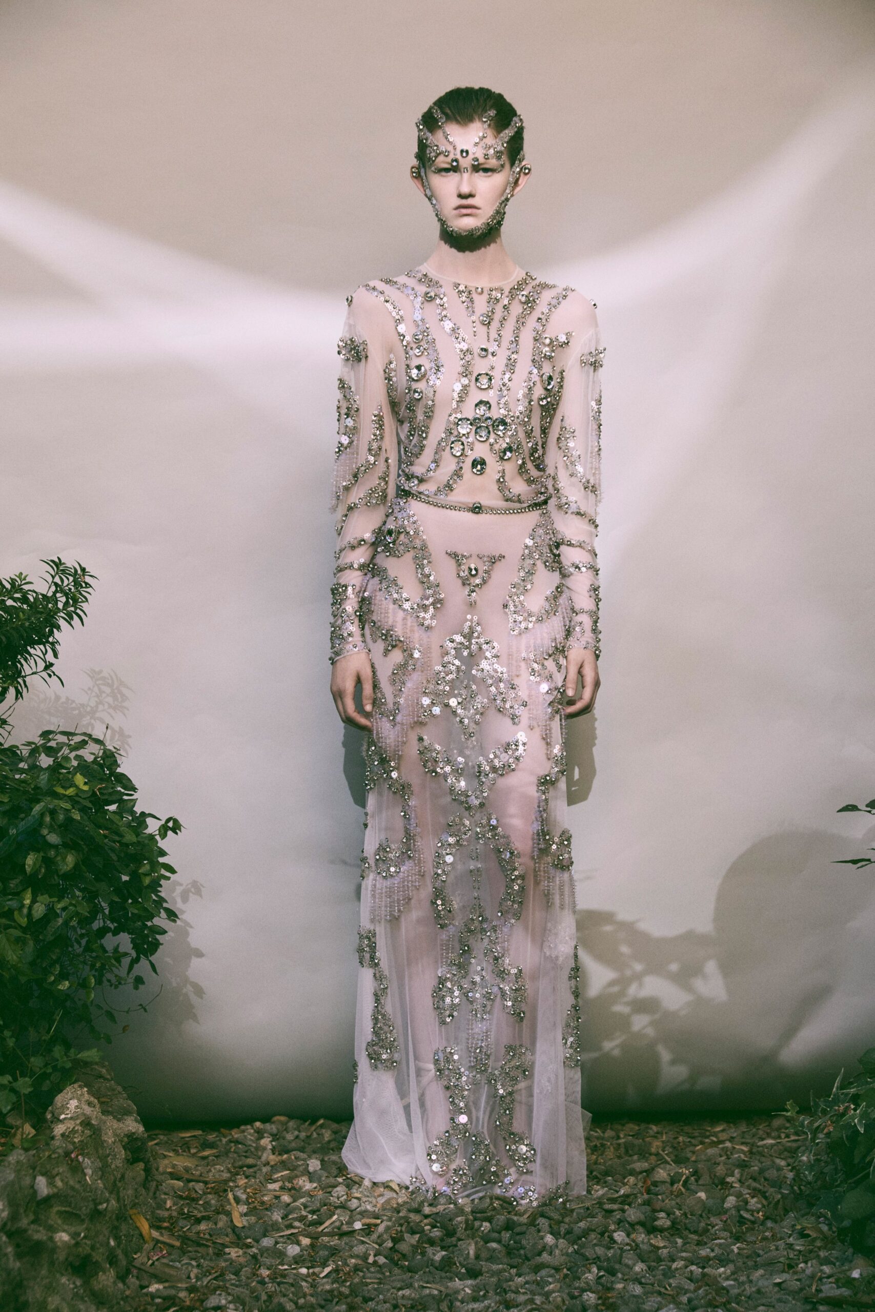 white embroidered beaded gown