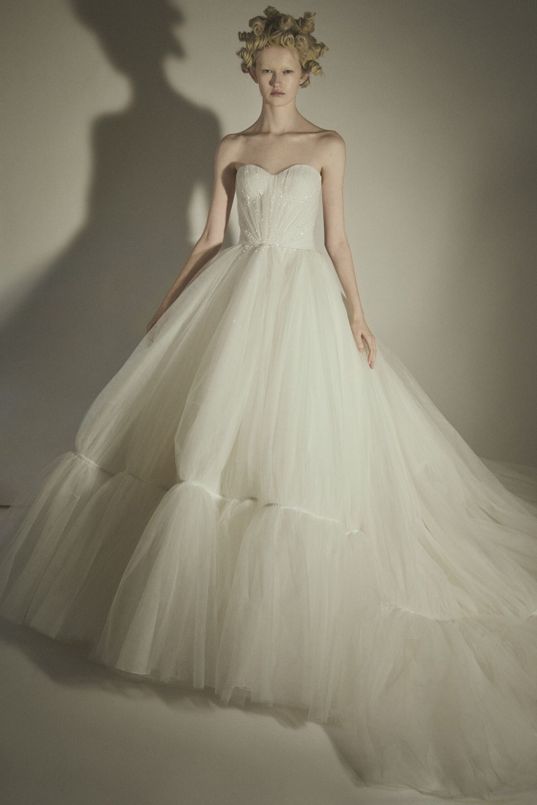 white strapless tulle gown