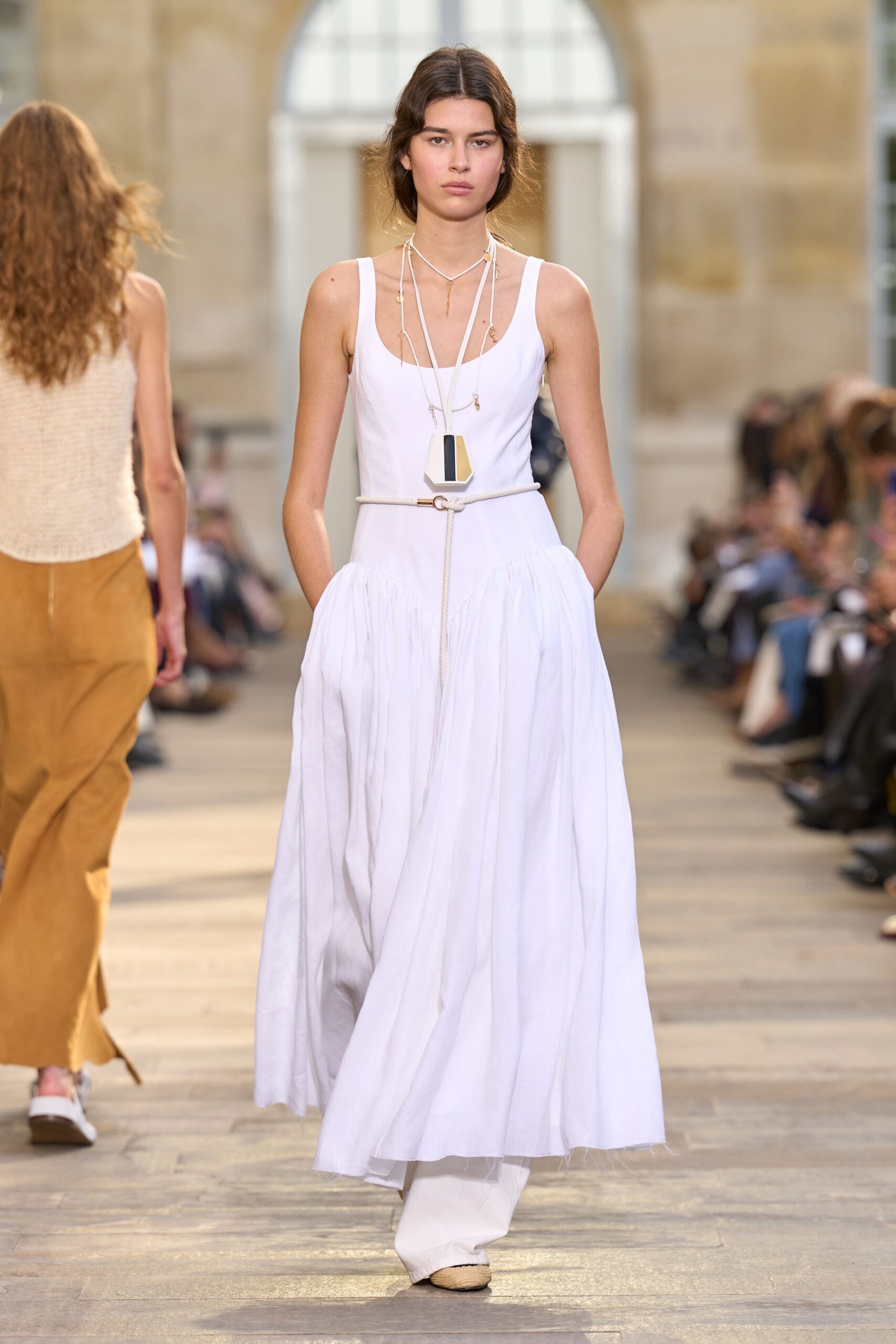 white cotton sleeveless v-neck fitted tiered maxi dress