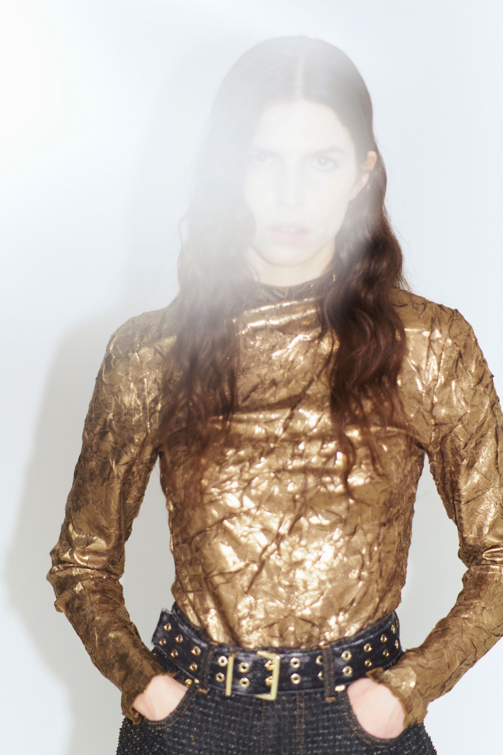 gold metallic long-sleeve high-neck fitted textured shiny top