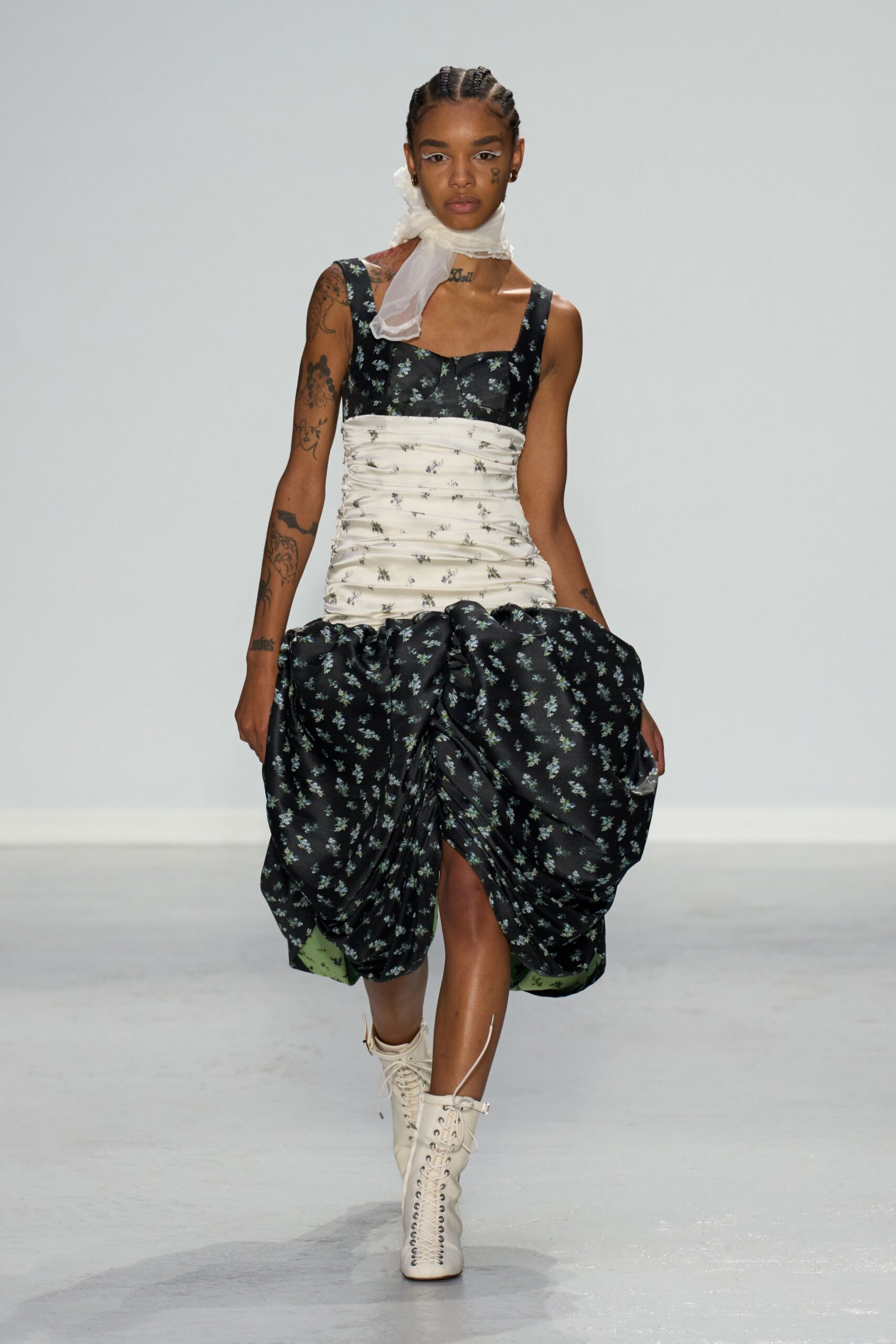 floral midi dress with white shoes