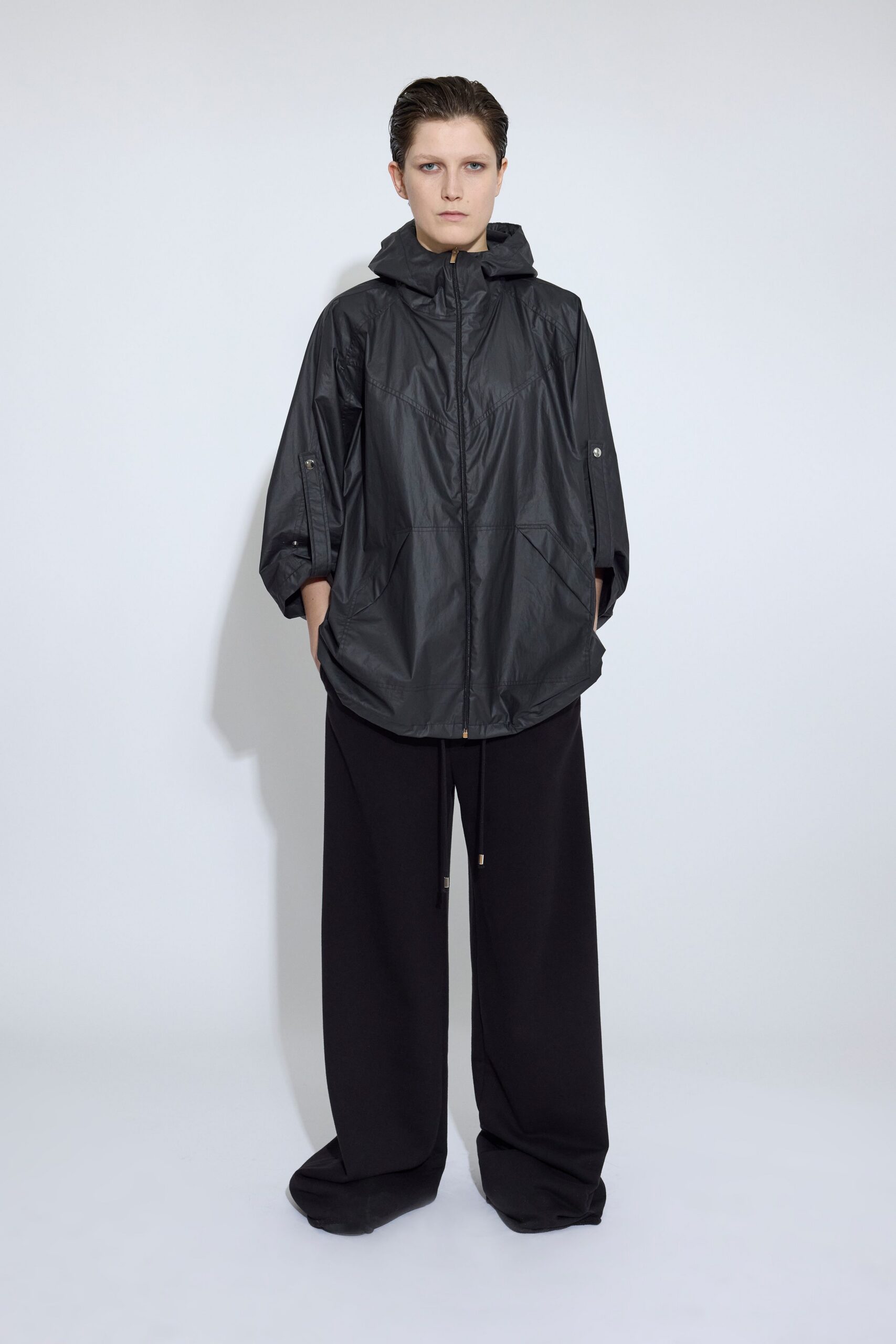 black vinyl relaxed jacket and pants