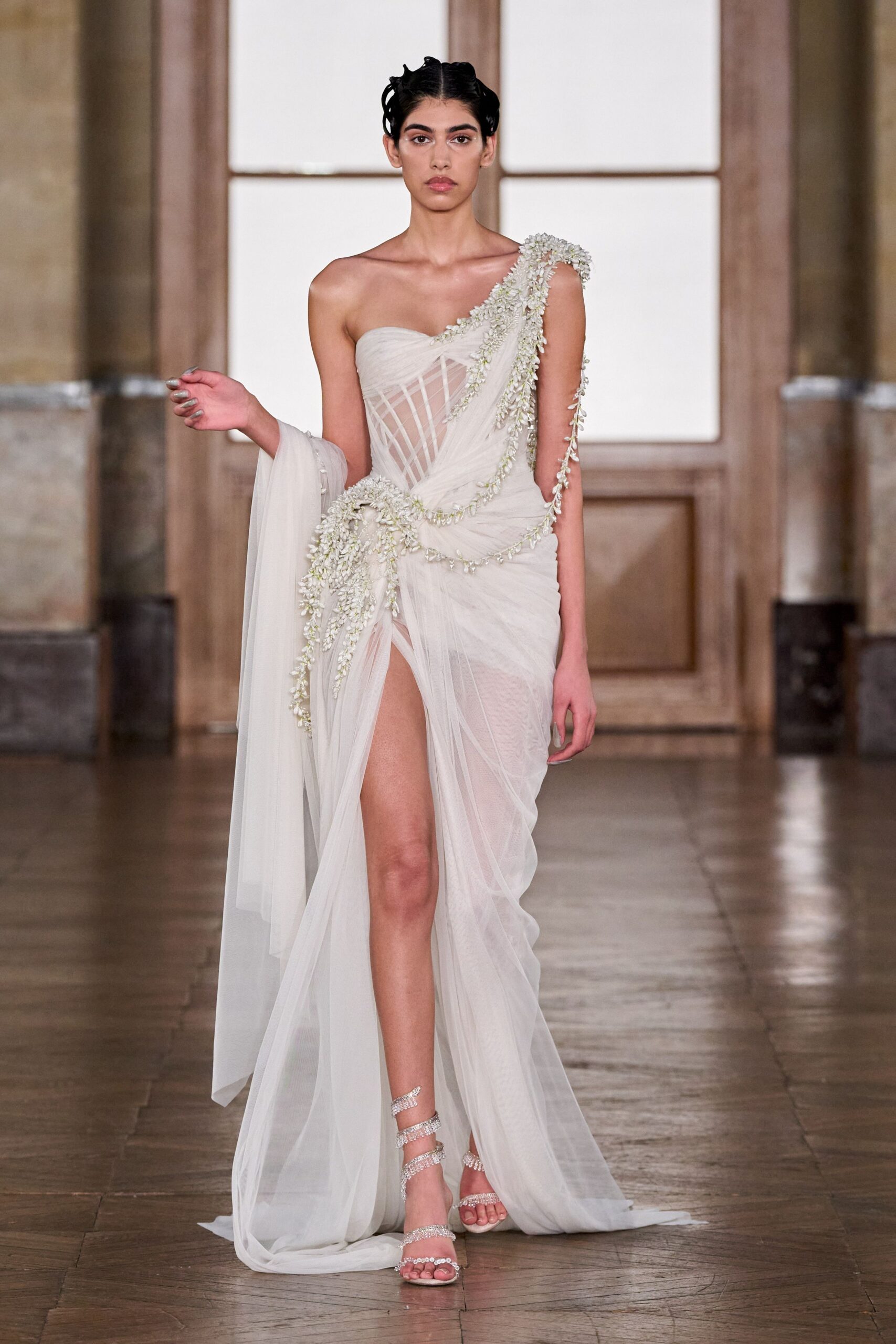 white chiffon strapless asymmetric fitted draped embellished gown