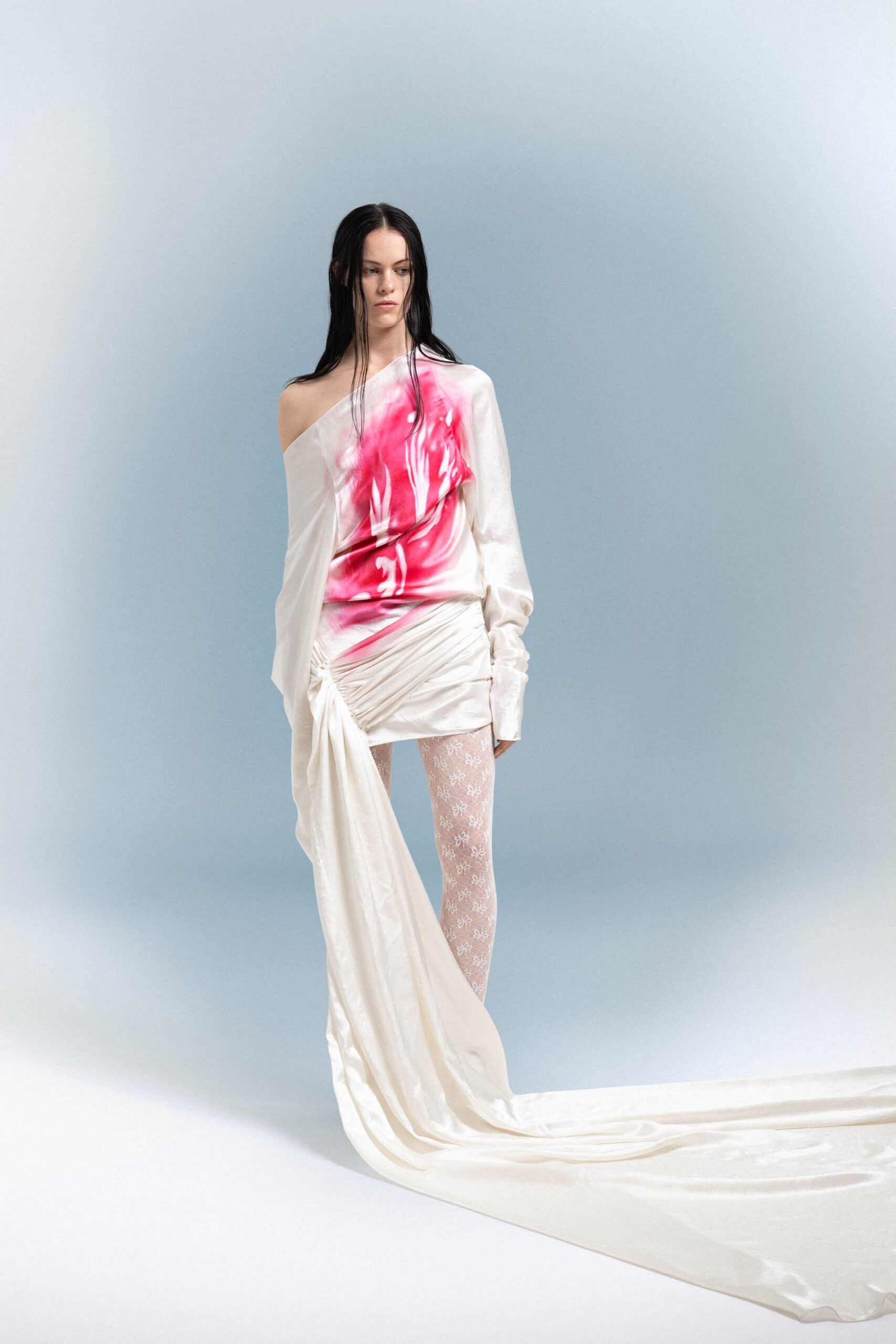 white silk long-sleeve off-shoulder fitted draped flowing dress