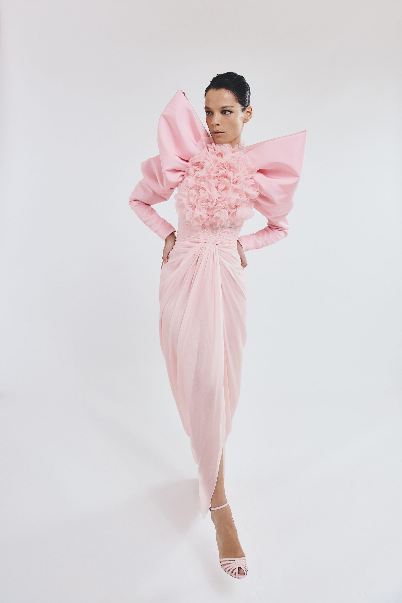pink silk long-sleeve high-neck fitted ruffled draped gown