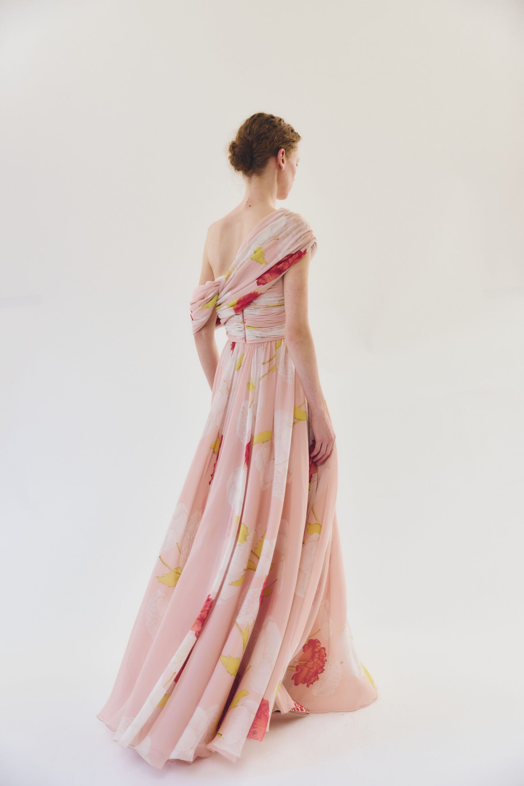 pink floral off-shoulder gown