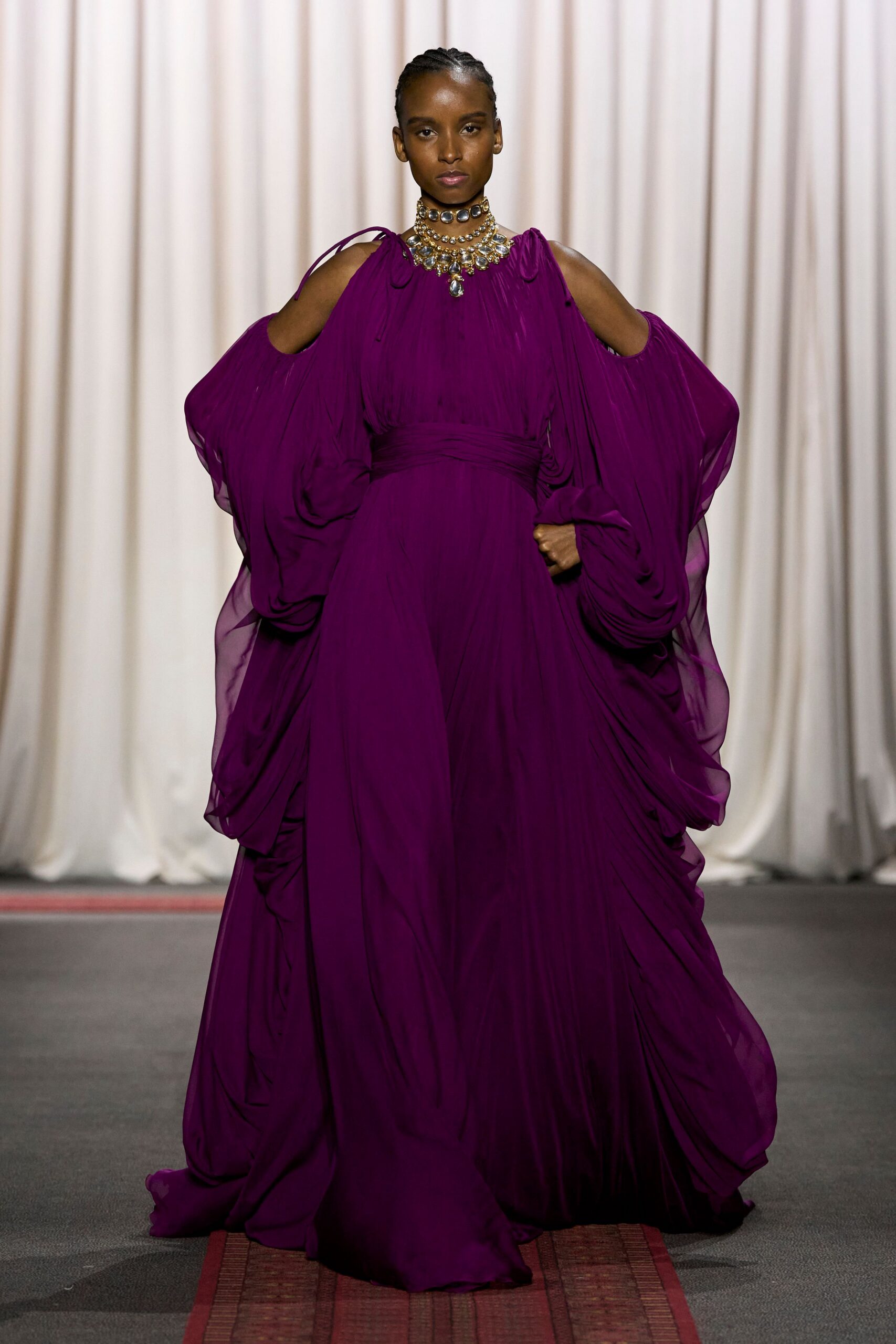 purple silk off-shoulder gown