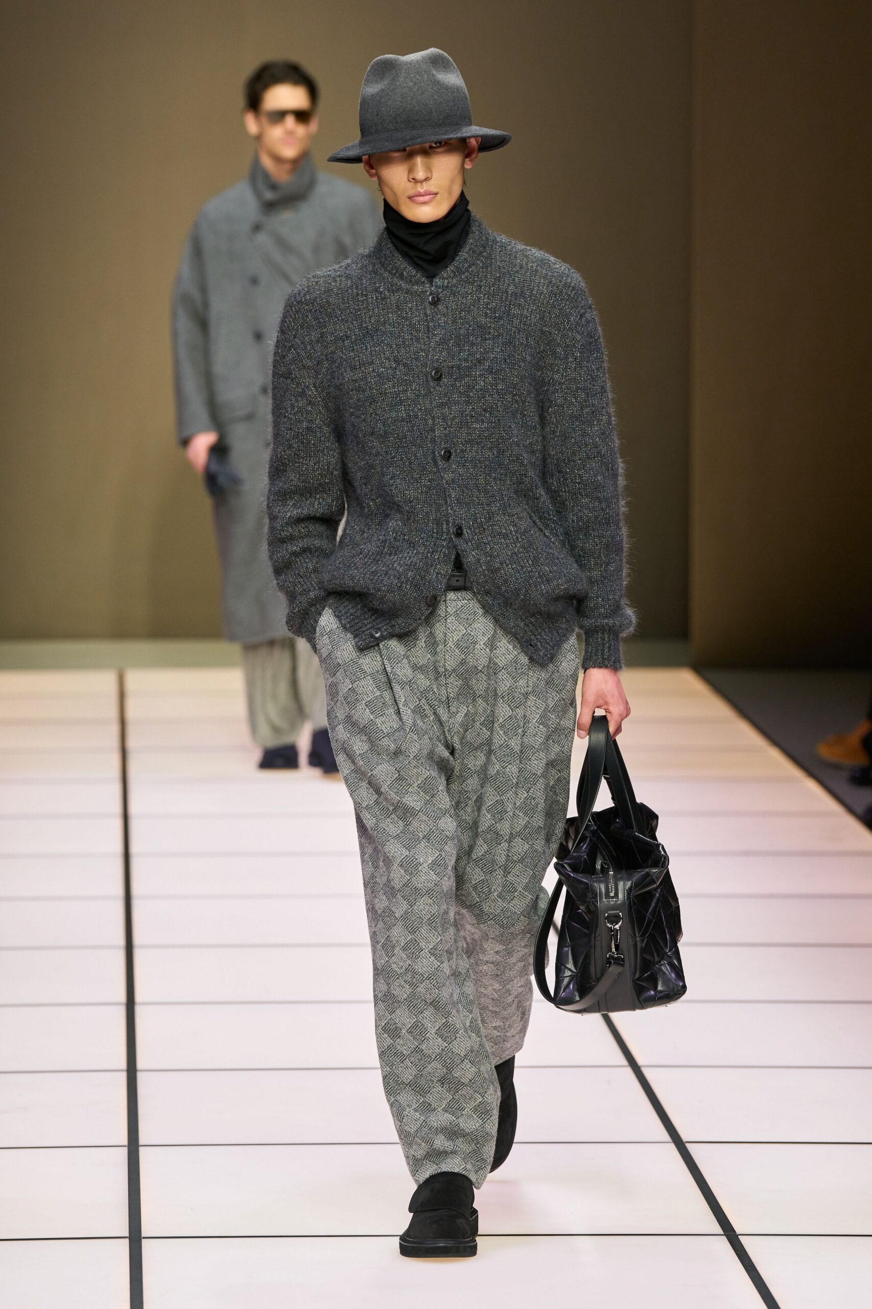 gray wool cardigan with checked pants