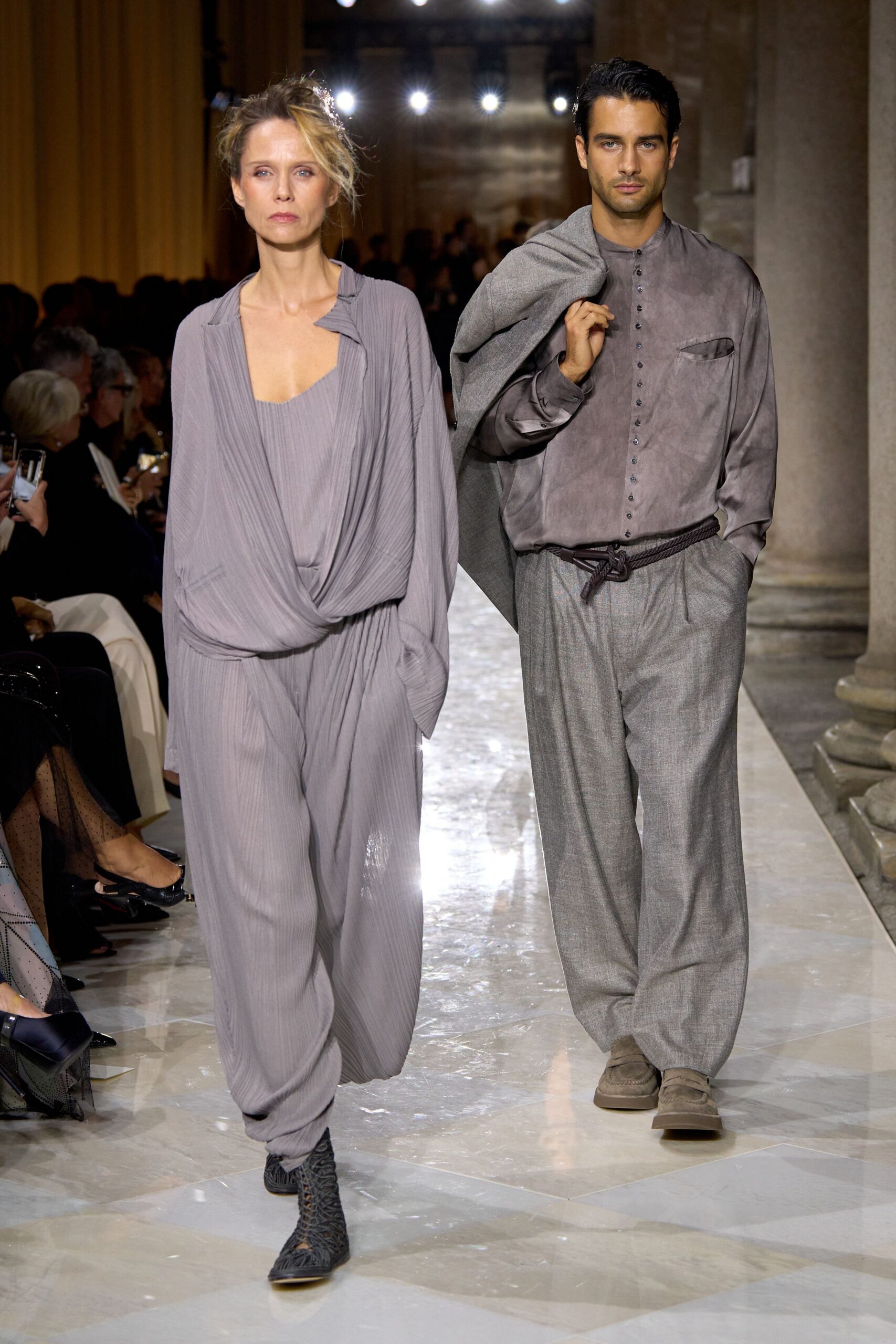 gray silk long-sleeve collared fitted shirt