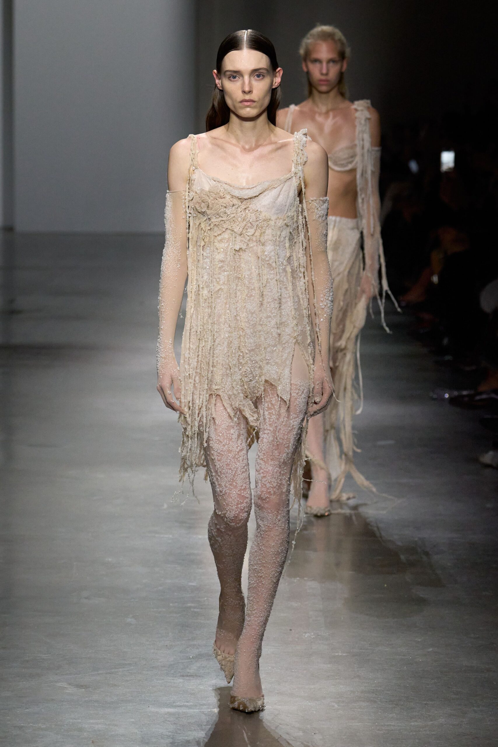 beige silk sleeveless v-neck fitted fringed layered dress