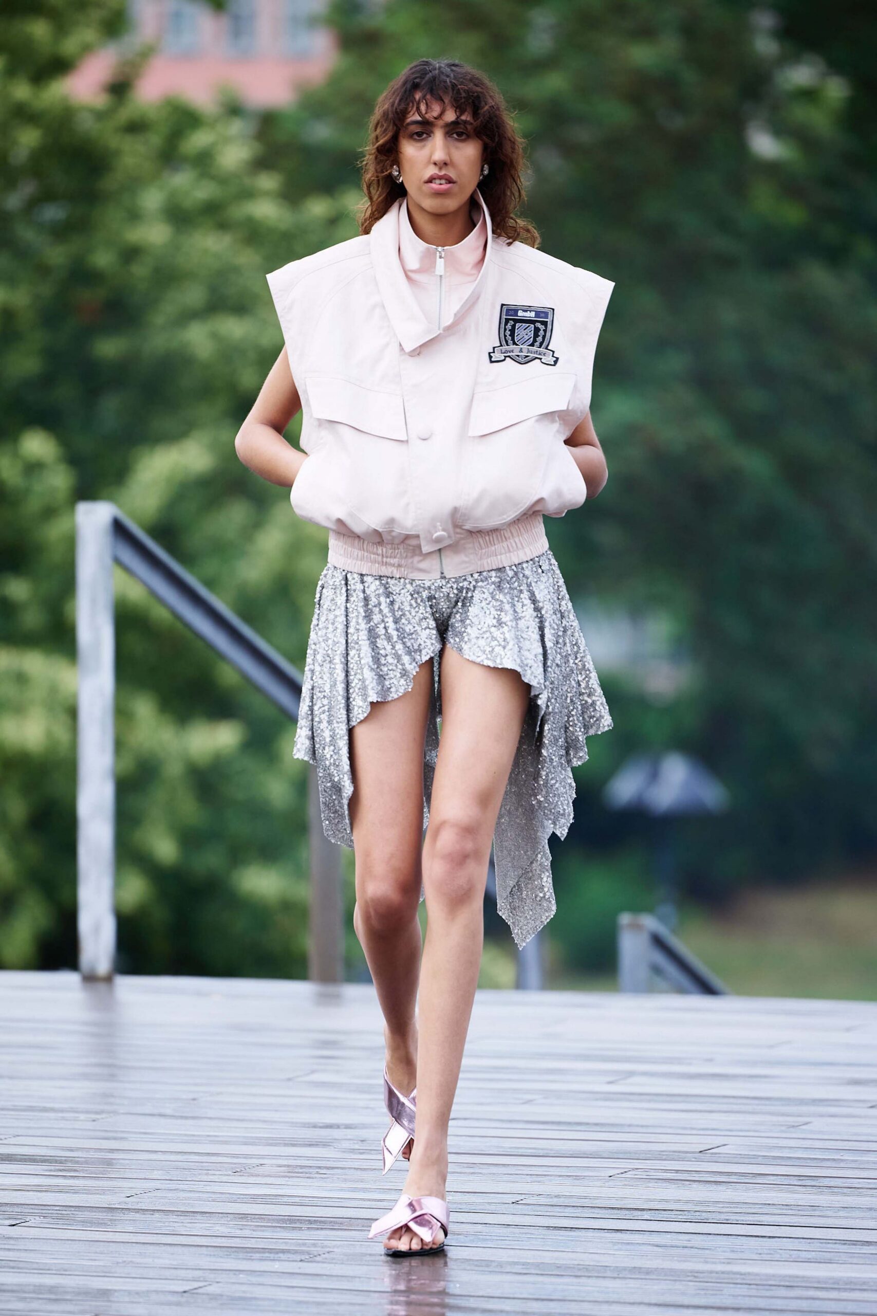 gray sequin asymmetric fitted shiny skirt