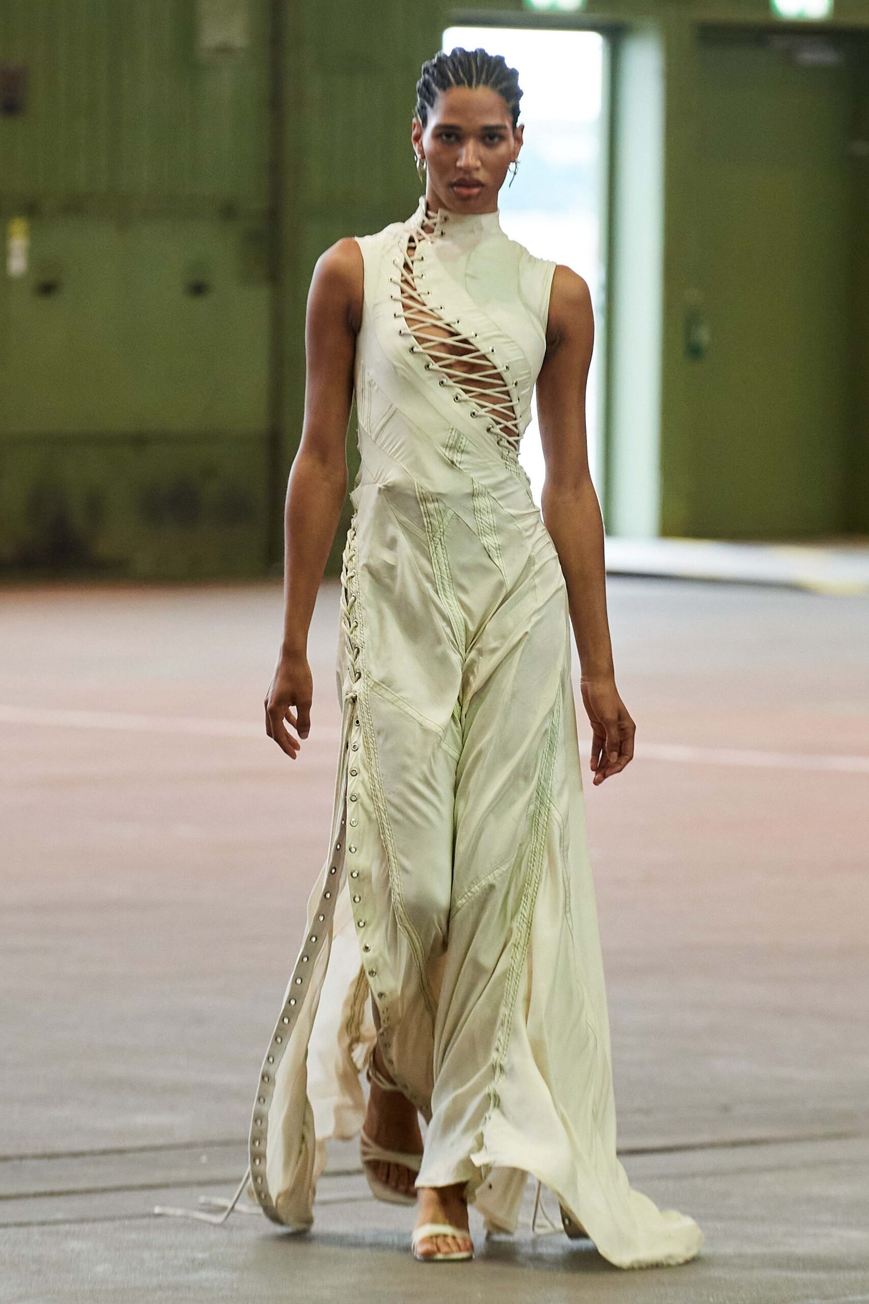 ivory silk sleeveless high-neck fitted draped zippered gown