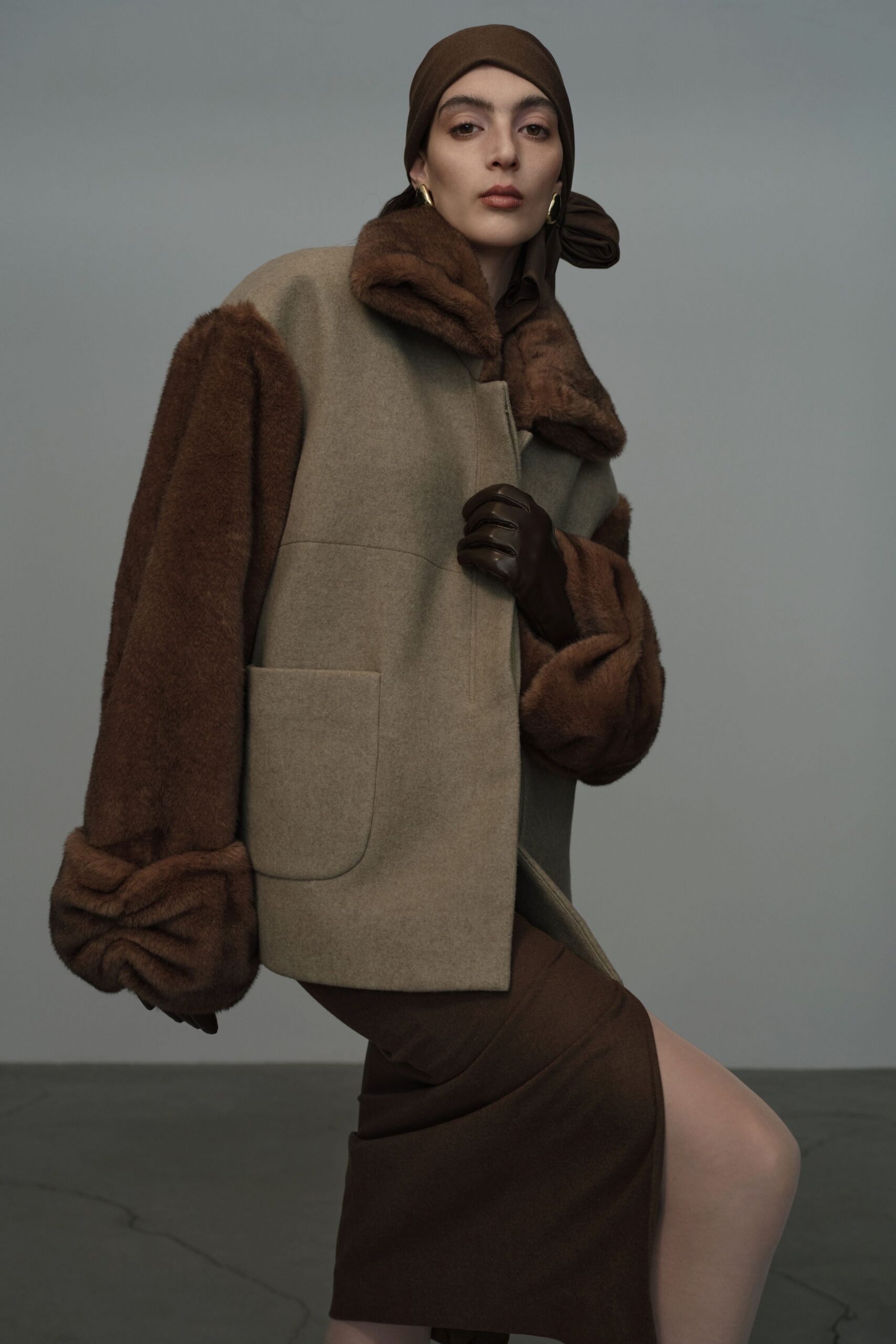 oversized beige coat with brown skirt