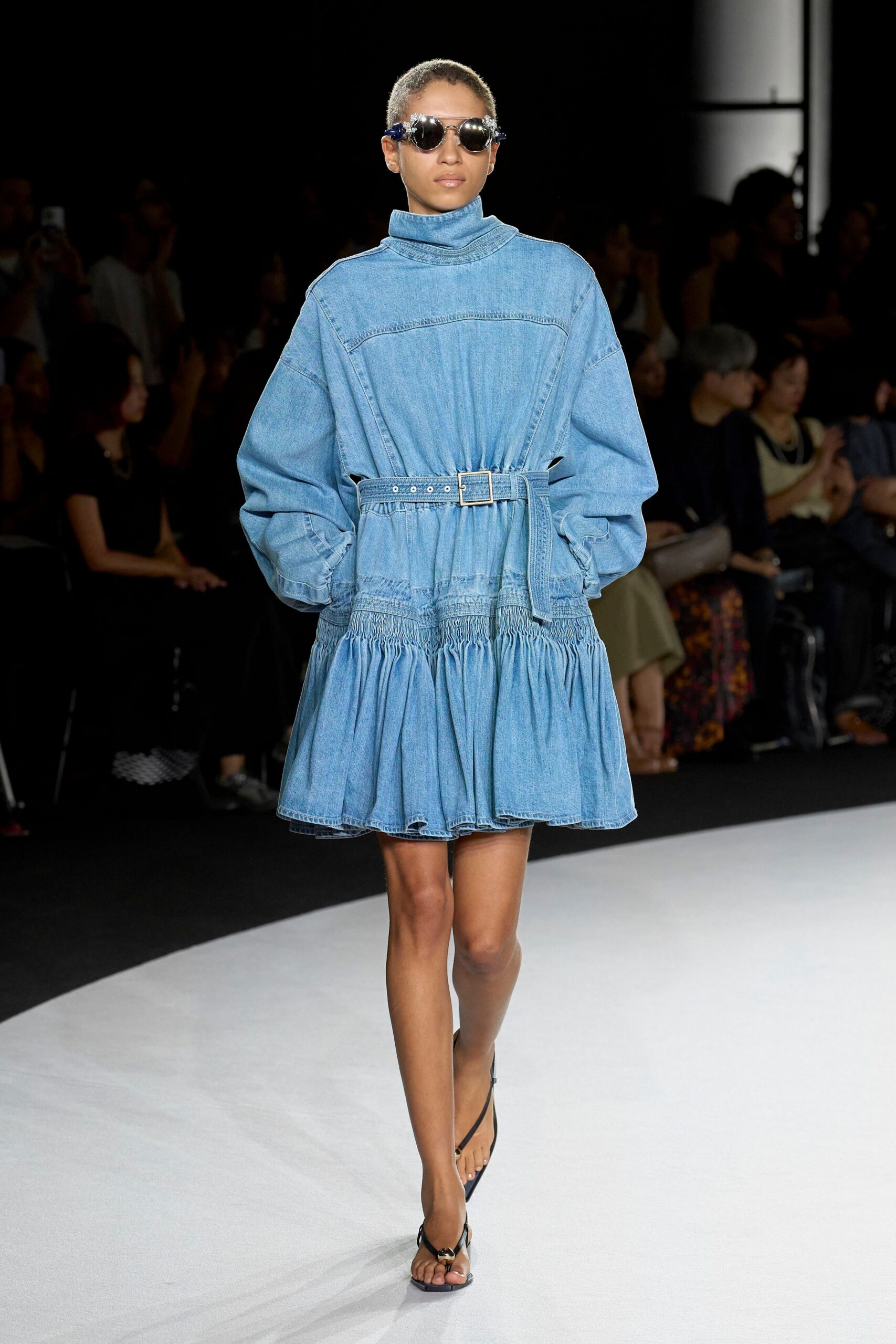 blue denim long-sleeve high-neck relaxed tiered belted dress