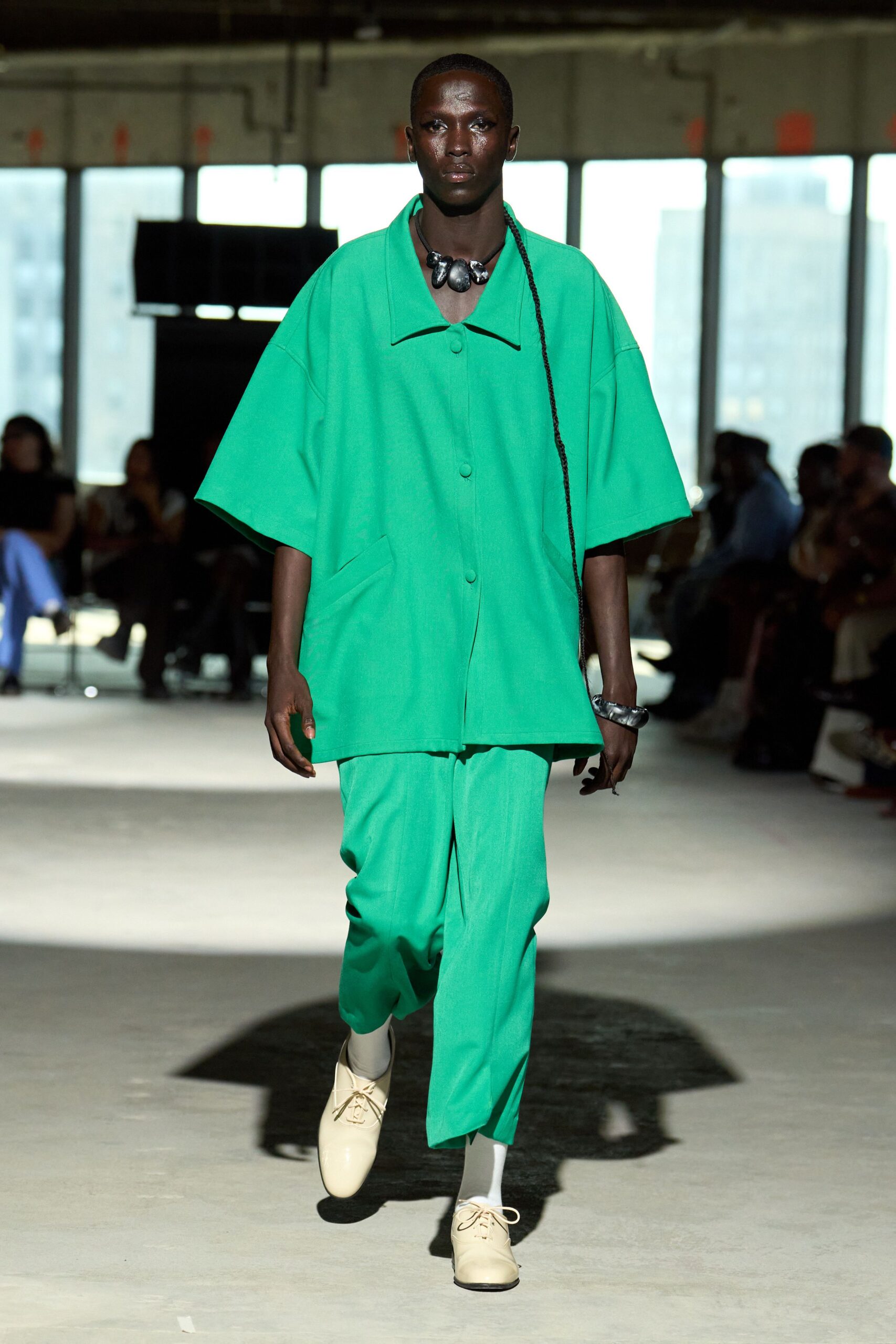 green short-sleeve collared oversized shirt