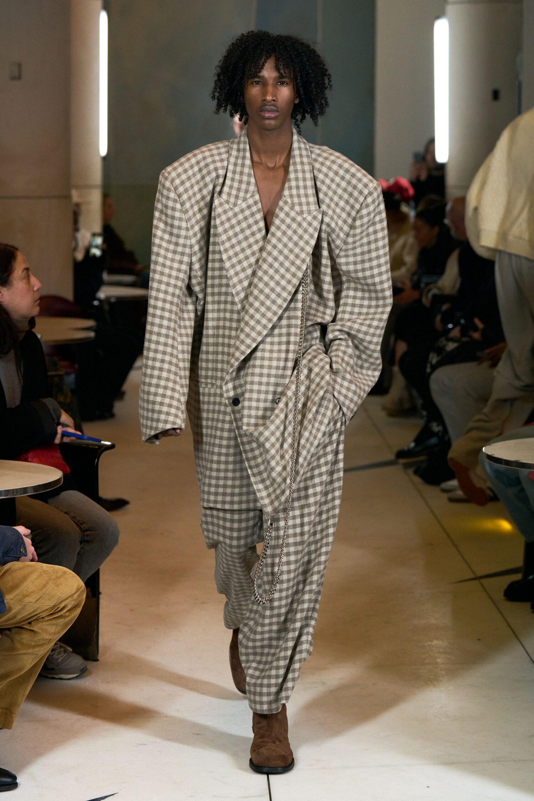 oversized checked suit with brown shoes
