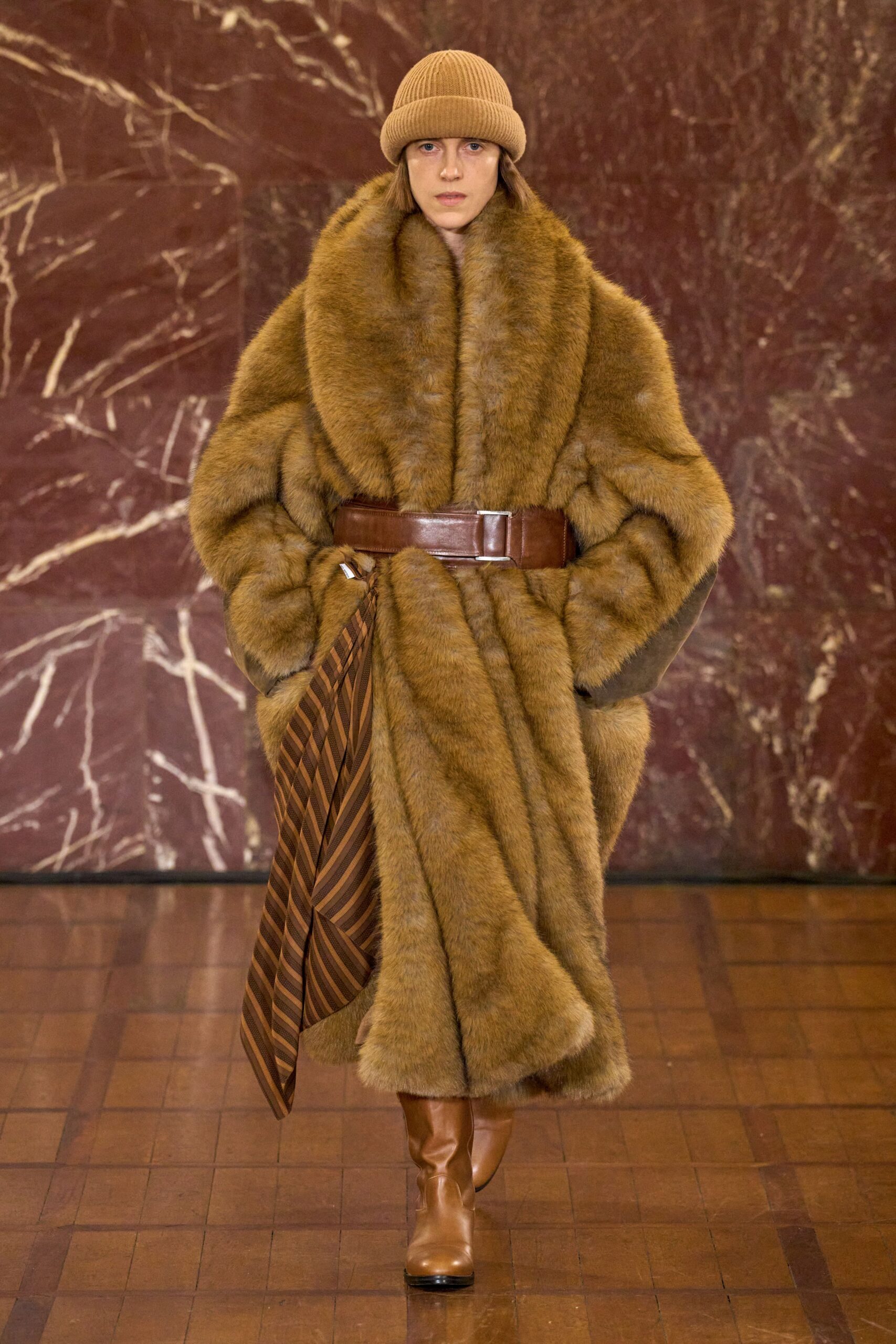 brown faux-fur coat with belt