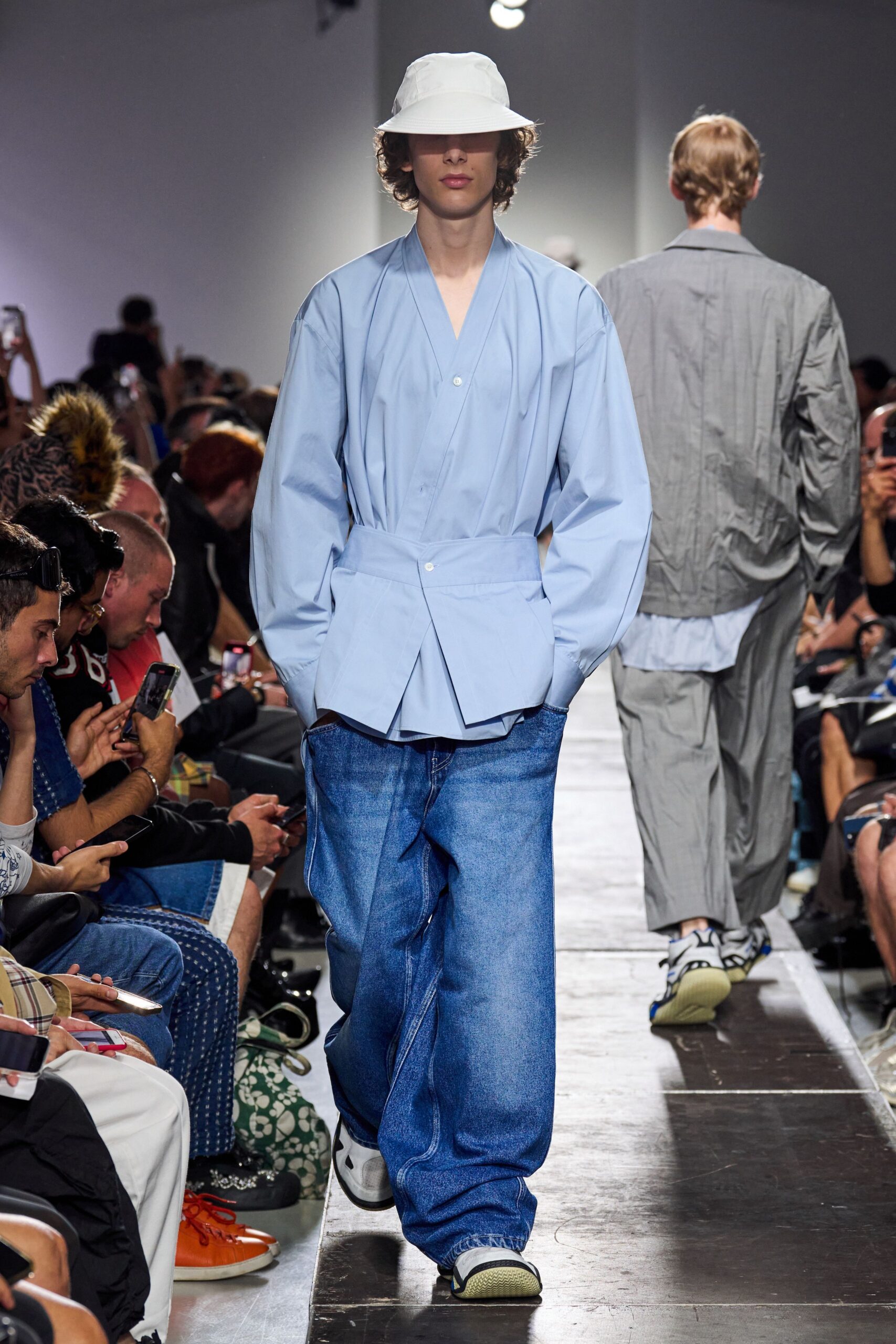 blue oversized shirt with denim pants