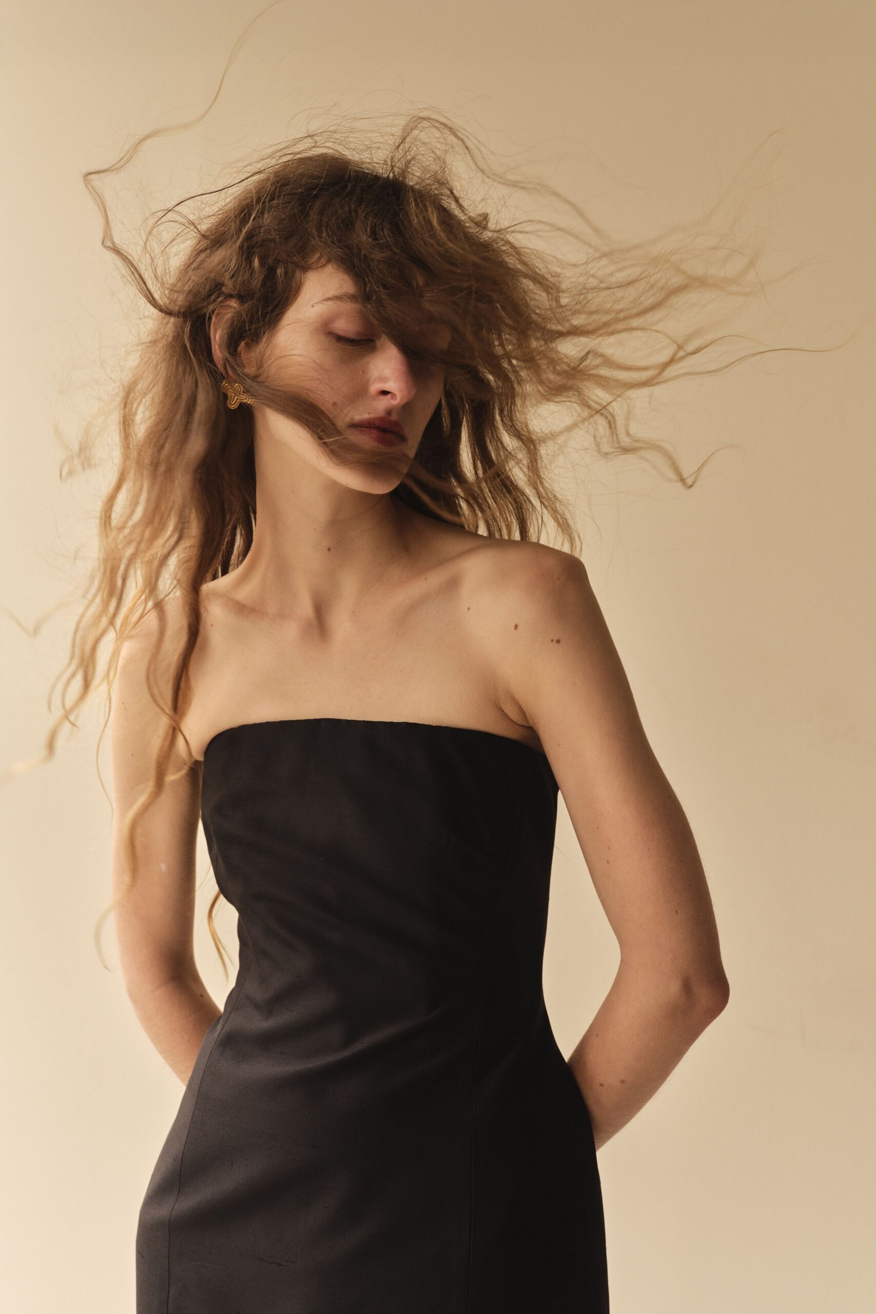 black silk strapless gown